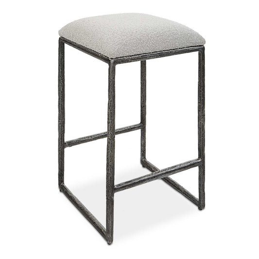 With Clean Contemporary Lines, This Open Frame Design Features A Textured Cast Iron Base In A Natural Distressed Charcoal Finish. Paired With A Tight Upholstered Seat In A Casual Ivory And Light Gray Boucle Fabric.