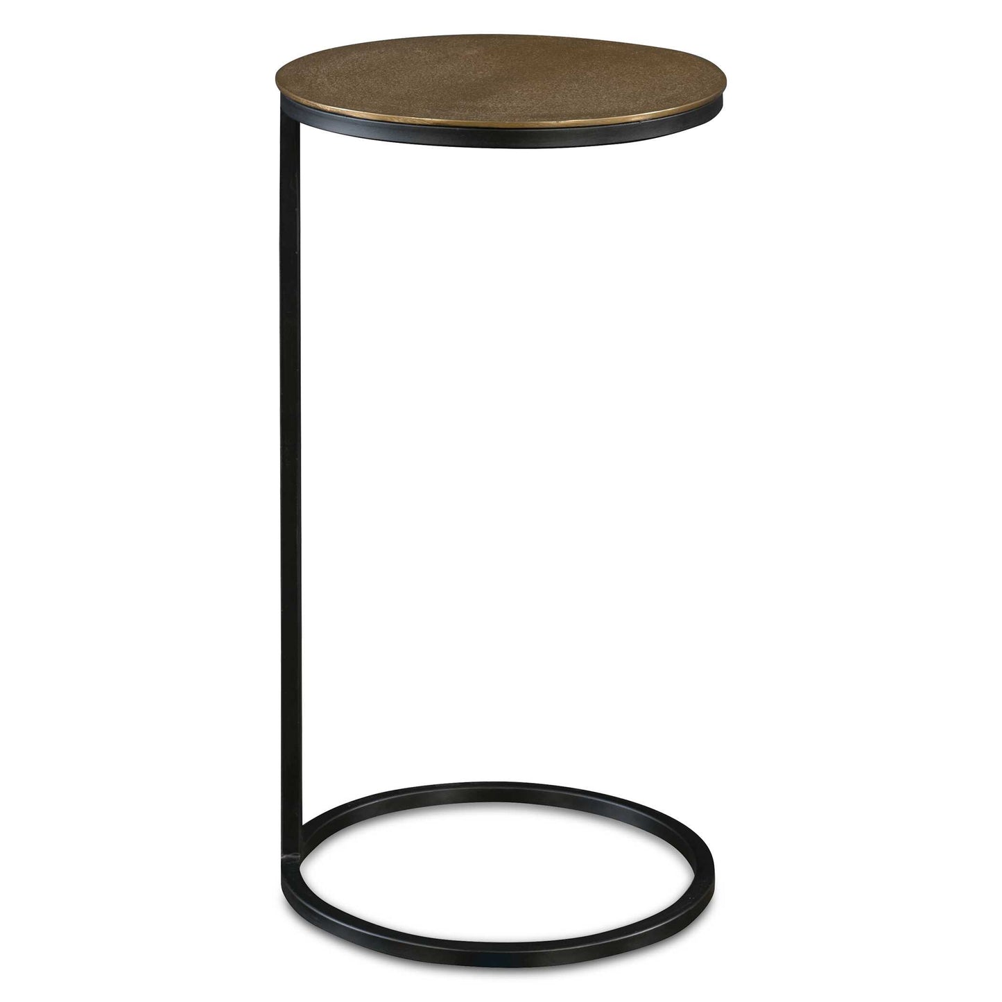 Modern And Streamlined, This Round Accent Table Is Constructed In An Aged Black Iron Featuring A Cast Textured Aluminum Slab Top Finished In A Plated Antique Gold.