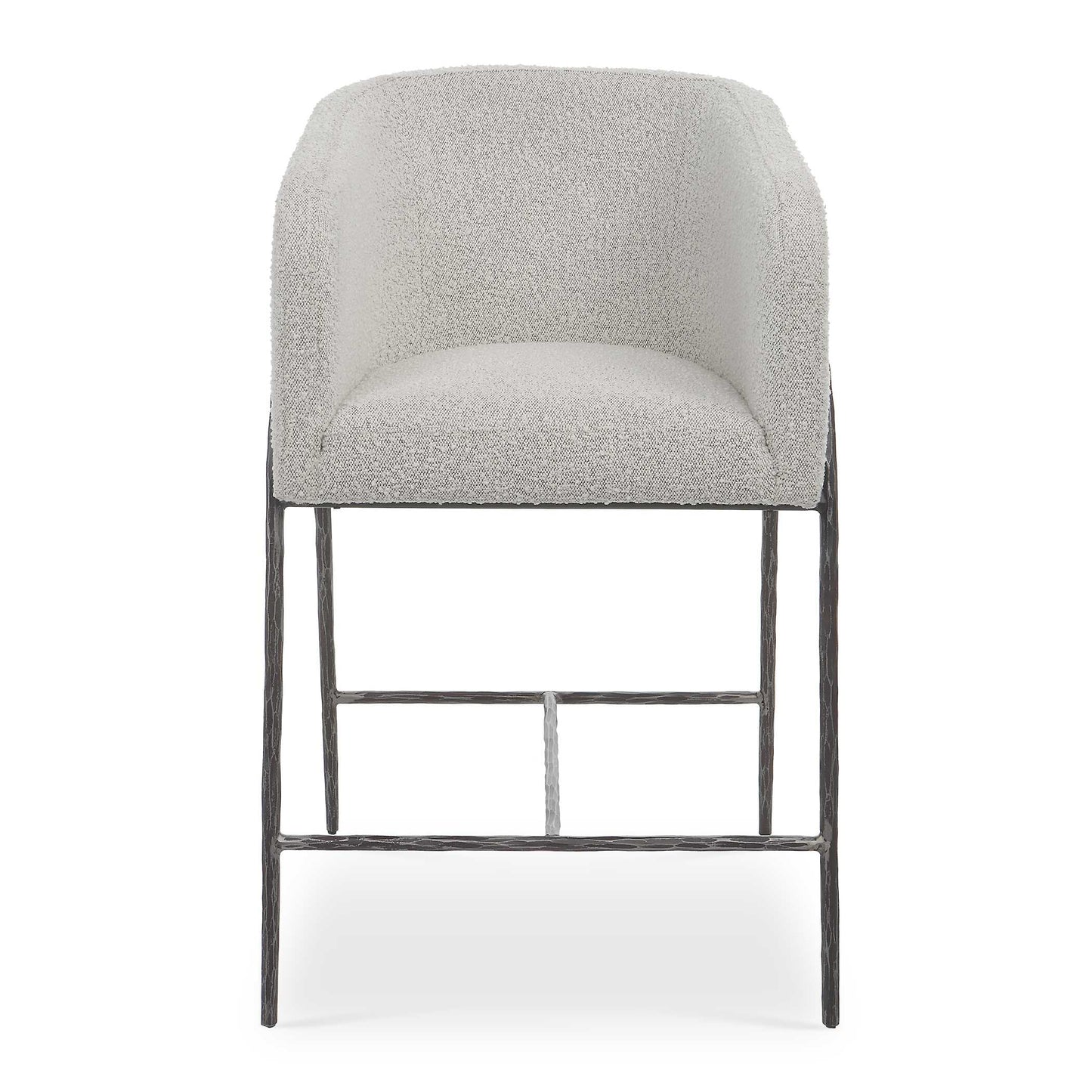 Inspired By Scandinavian Designs, This Barrel Back Counter Stool Showcases A Chiseled Iron Frame In A Natural Aged Black Iron Finish. A Casual Ivory And Warm Gray Boucle Performance Fabric Accents This Modern Look.