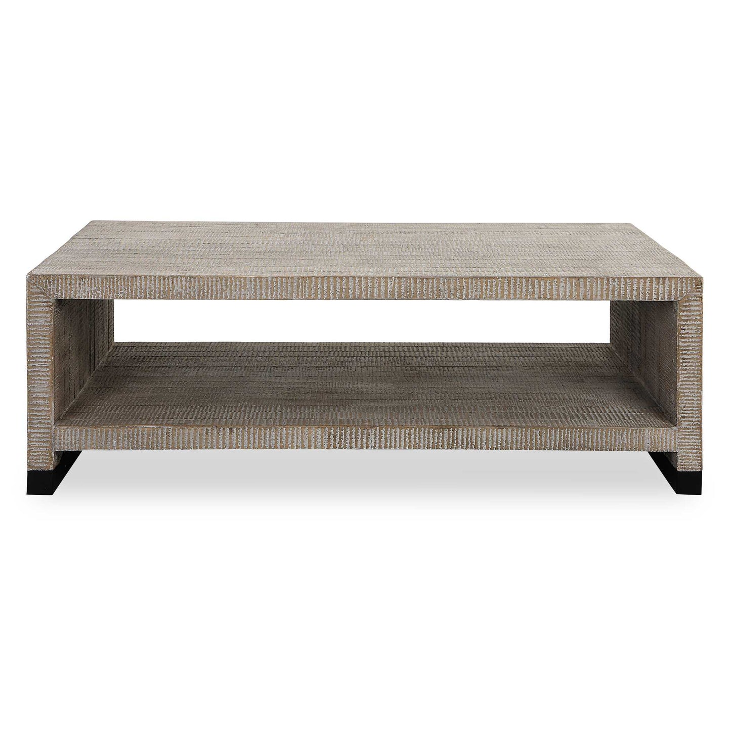 This Casual Coffee Table Provides Ample Display Space And Creates A Rustic Feel With Its Natural Wood Finish And Intricate Carved Details, Highlighted By A White Washed Glaze. Steel Feet Are Finished In A Natural Aged Black.