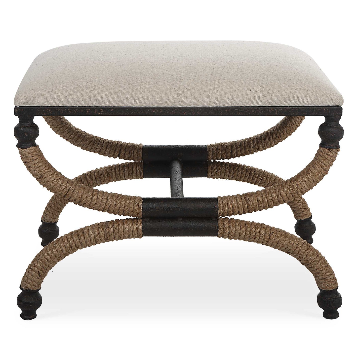 The Icaria Bench Features A Rustic Curved Iron Frame With A Nautical Touch, Wrapped In Natural Fiber Rope Accents. The Cushioned Top Is Upholstered In An Oatmeal Cotton Blend Fabric.