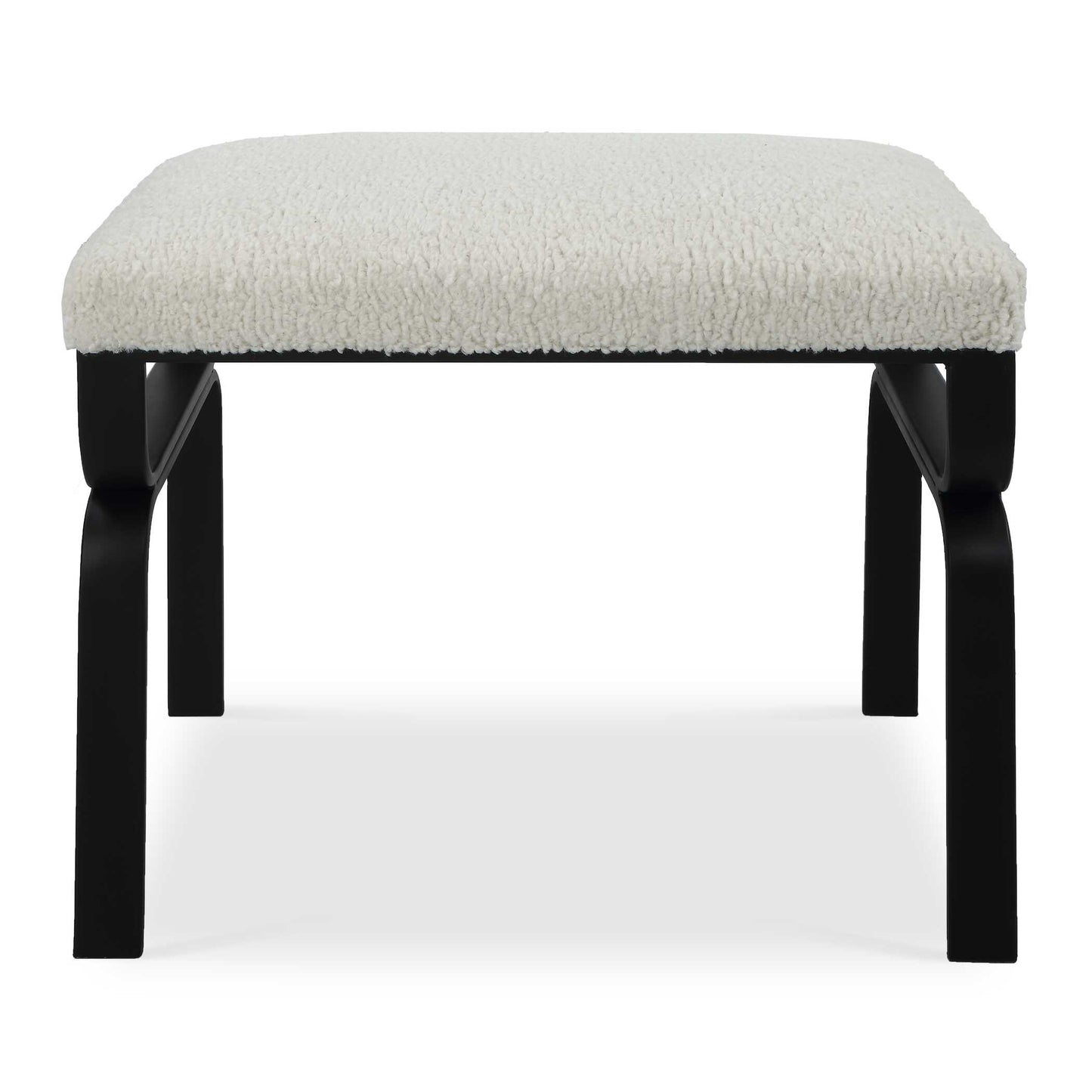 Displaying A Streamlined Black And White Design, This Small Bench Is Supported By A Curved Satin Black Iron Base With A Plush Upholstered Seat In White Faux Shearling.