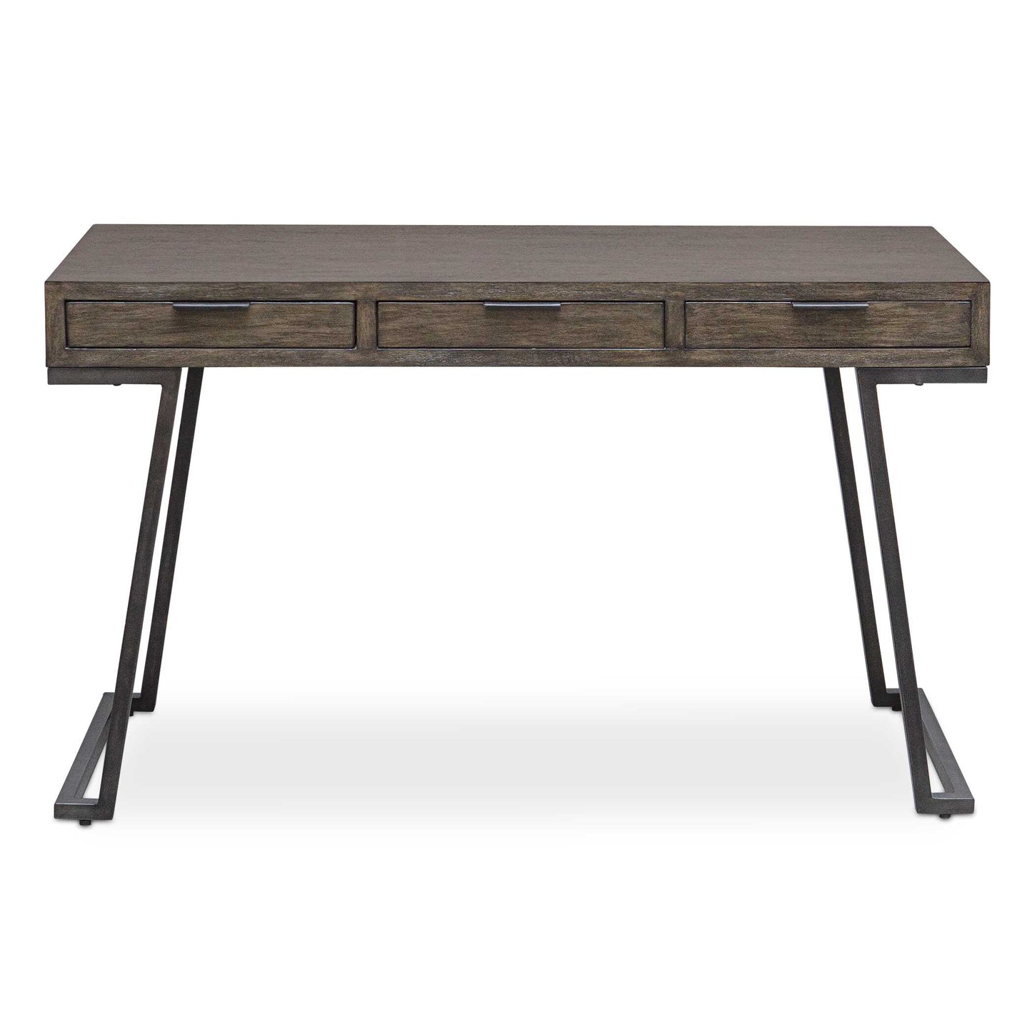The Comrade Desk Provides A Perfect Spot For Ample Productivity. The Desk Is Finished In A Mango Wood Veneer With Light Gray Glazing And Natural Wood Undertones, Supported By A Metal Base In Aged Steel. Features Three Drawers With Coordinating Metal Tab Drawer Pulls.