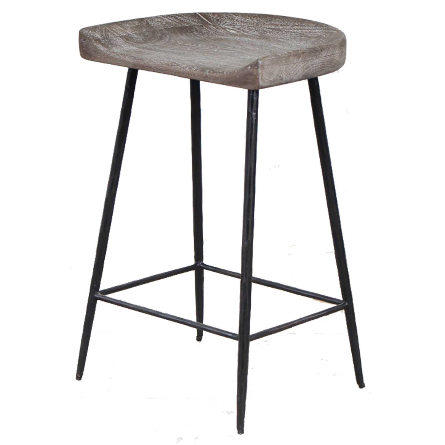 The Cordova Counter Stool Is Solidly Constructed With Solid Iron Tapered Legs In Satin Black Supporting A Carved Mango Wood Seat Finished In A Driftwood Gray Glaze With Ivory Ceruse.