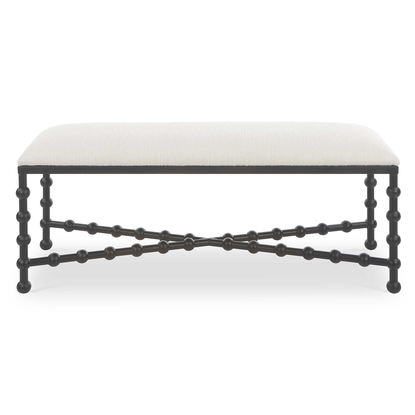 Sophisticated Style Created By The Whimsical Bubble Legs Ensures This Bench To Stand Out In Any Home. Crafted In Iron With A Satin Black Finish Contrasted With A Cushioned Seat In A Crisp White Textured Polyester Fabric With Performance Treatment.