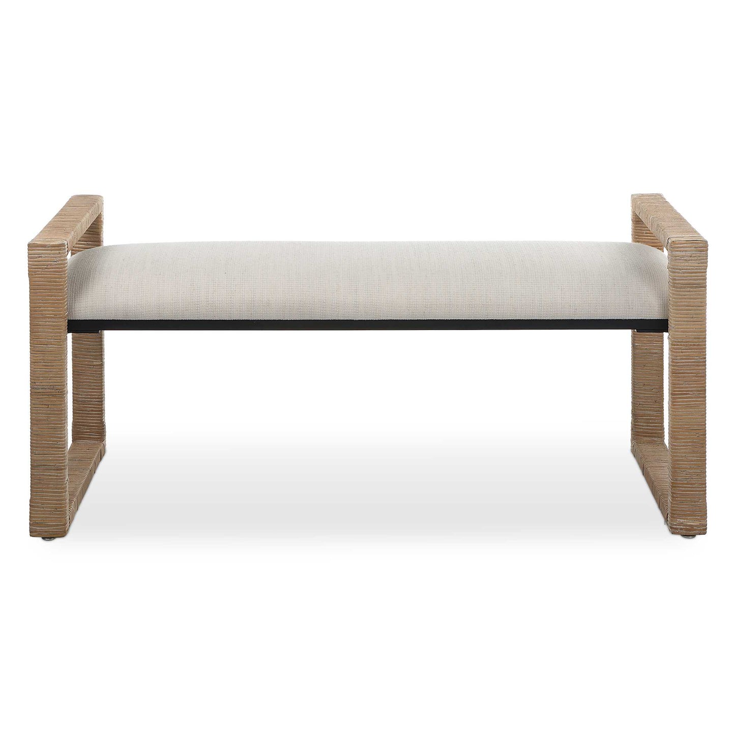 Inspired By The Casual Style Of Coastal Designs, The Areca Bench Showcases A Natural Rattan Wrapped Iron Frame Accented By A Textured Oatmeal Toned Waffle Weave Performance Fabric.