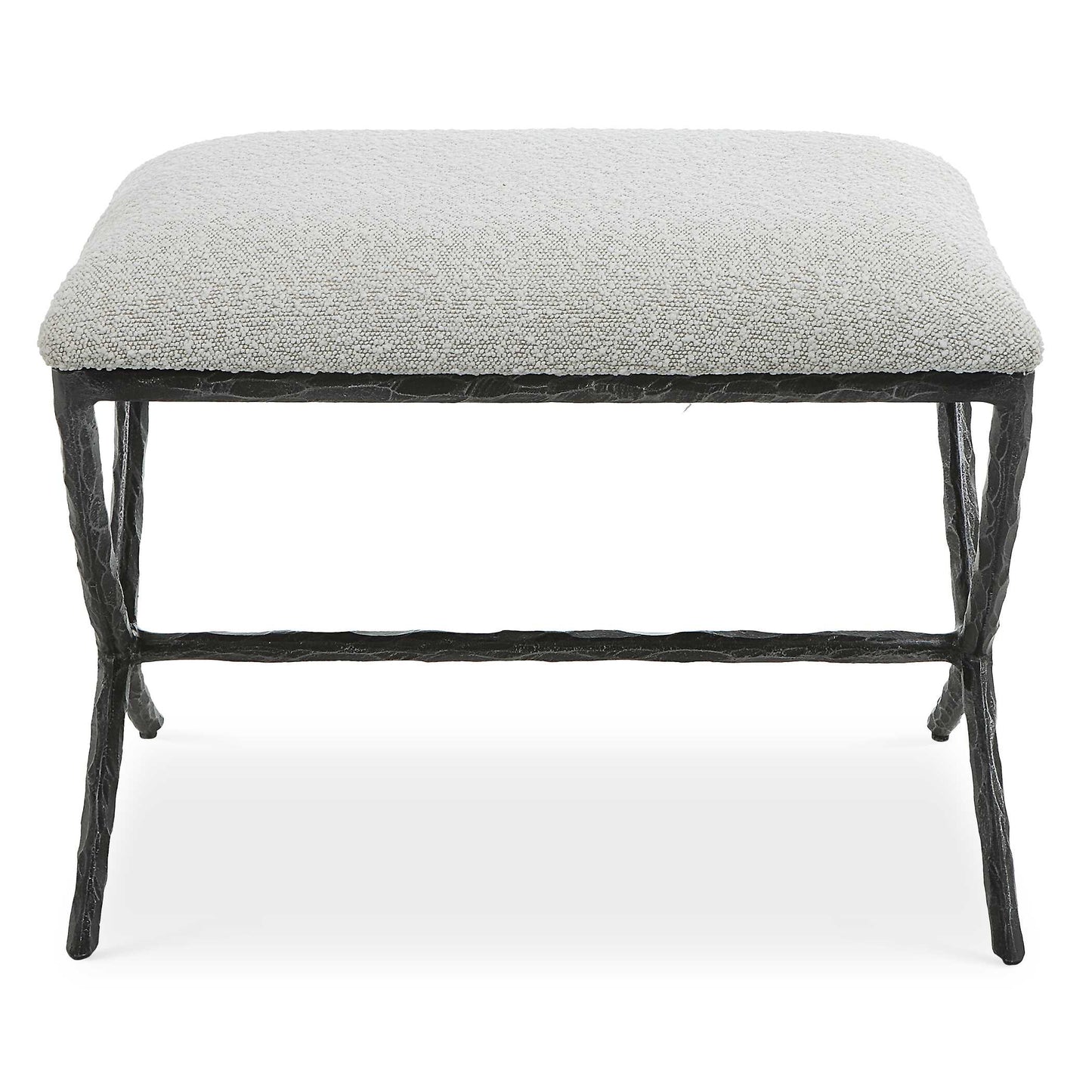 With Clean Contemporary Lines, This Cast Iron Base Features A Chiseled Texturing With A Distressed Charcoal Finish. Topped With An Upholstered Seat In A Casual Ivory And Light Gray Boucle Fabric.