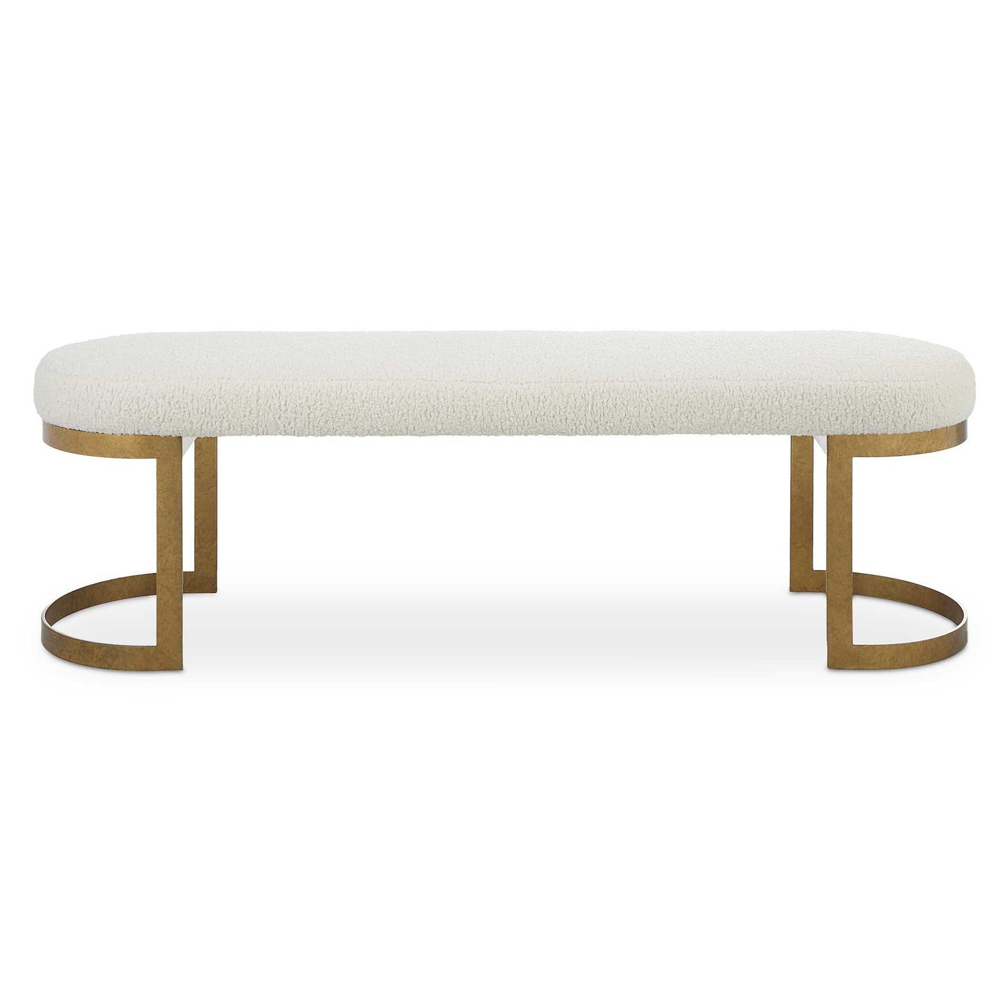 Merging Simplicity With Style, This Bench Features A Thick Hand Forged Iron Base Finished In Mottled Antique Gold Leaf. The Plush Seat Is Upholstered In Natural Faux Shearling Fabric.