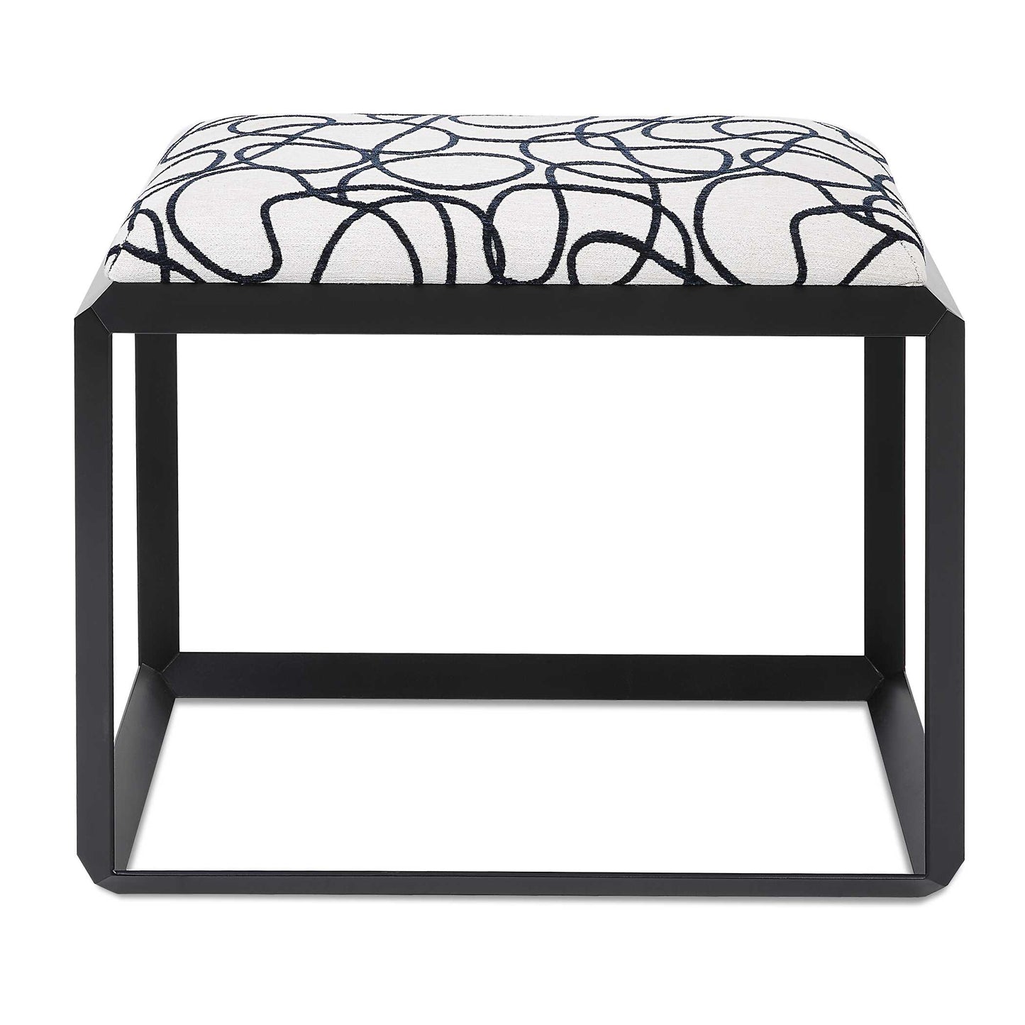 The Curls Small Bench Is Tailored In A Light Stone Gray Fabric With A Whimsical Curled Pattern, Atop An Angular Iron Frame In Satin Black.