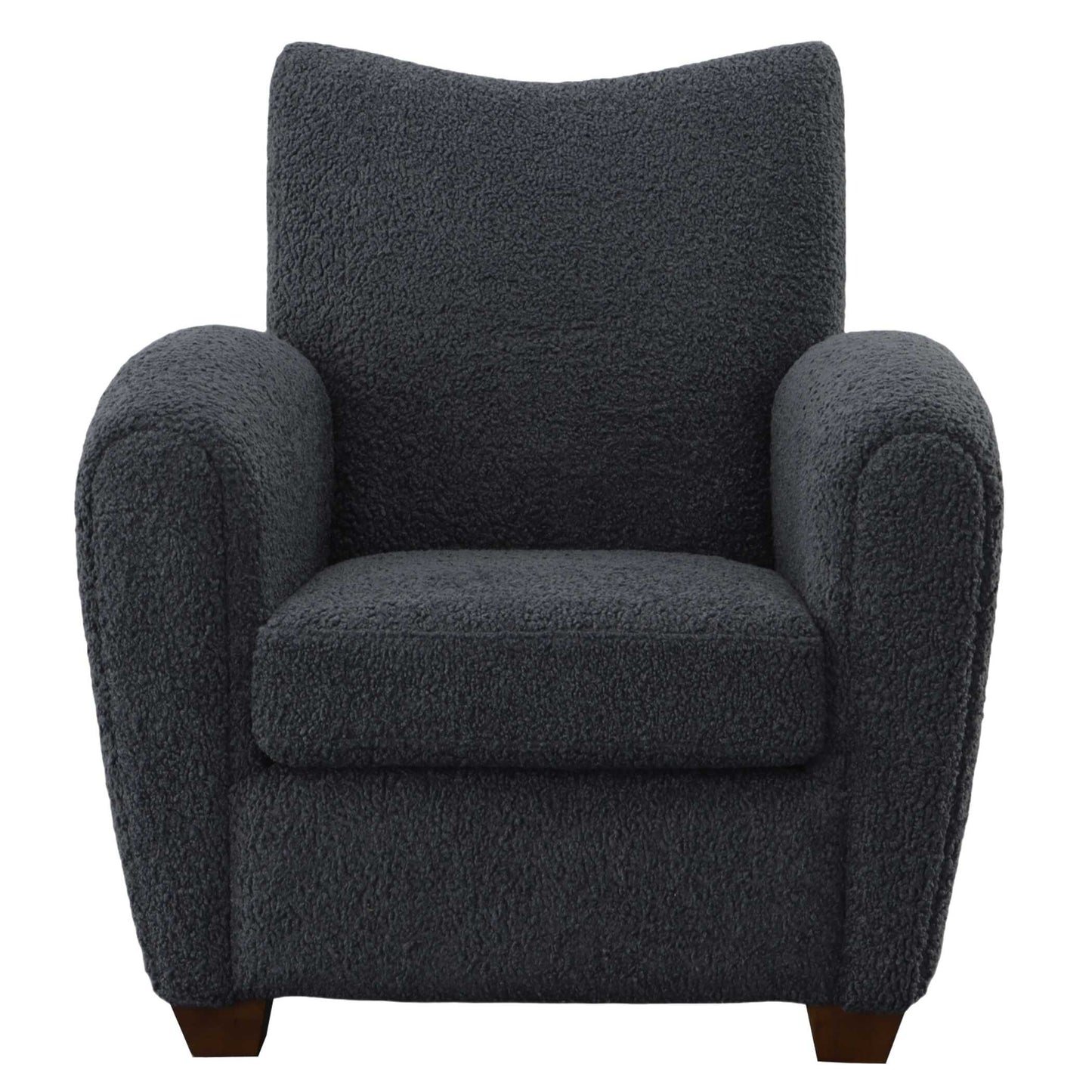 With Its Curved Track Arms And Supportive Back, This Cozy Accent Chair Is The Perfect Balance Of Comfort And Style. Fully Upholstered In A Slate Gray Faux Shearling And Accented By Walnut Stained Wooden Feet.