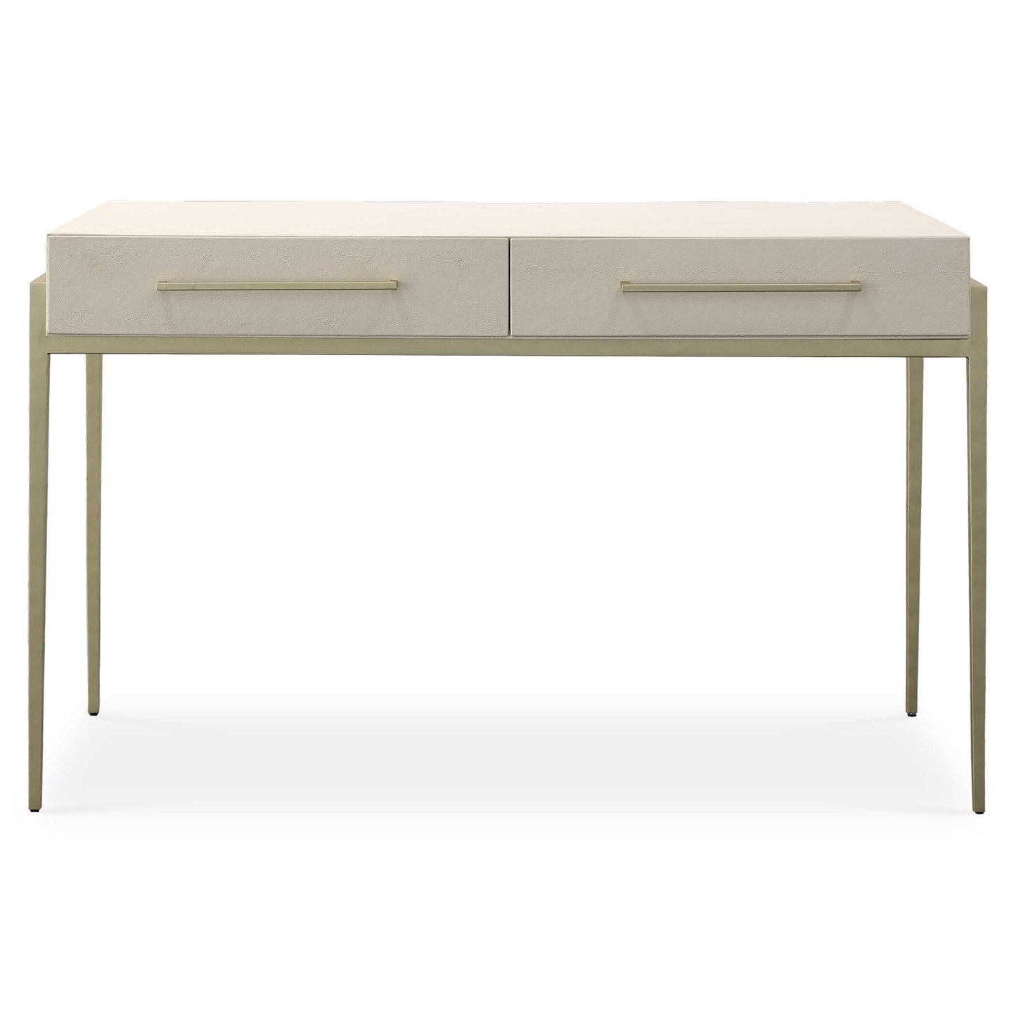 A Modern And Stylish Place To Catch Up On Emails, The Jewel Desk Features A White Faux Shagreen Wrapped Top Nestled Into An Iron Frame In Gold Leaf. The Mitered Edge Drawer Fronts And Gold Drawer Pulls Add To The Sleek Look.