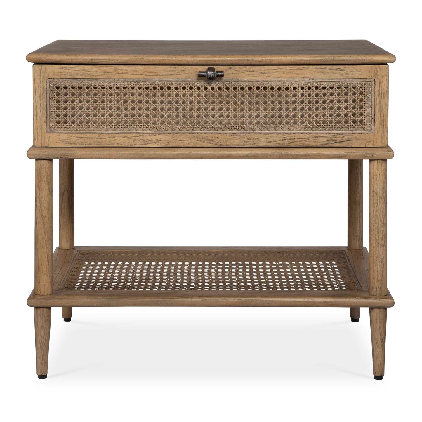 Mid Century Inspired With Accents Of Natural Rattan Cane, This Console Table Features Mindi Solids And Veneers Finished In A Soft Oak Stain. The Coast Table Has One Storage Shelf With Metal Hardware Finished In Dark Gunmetal.