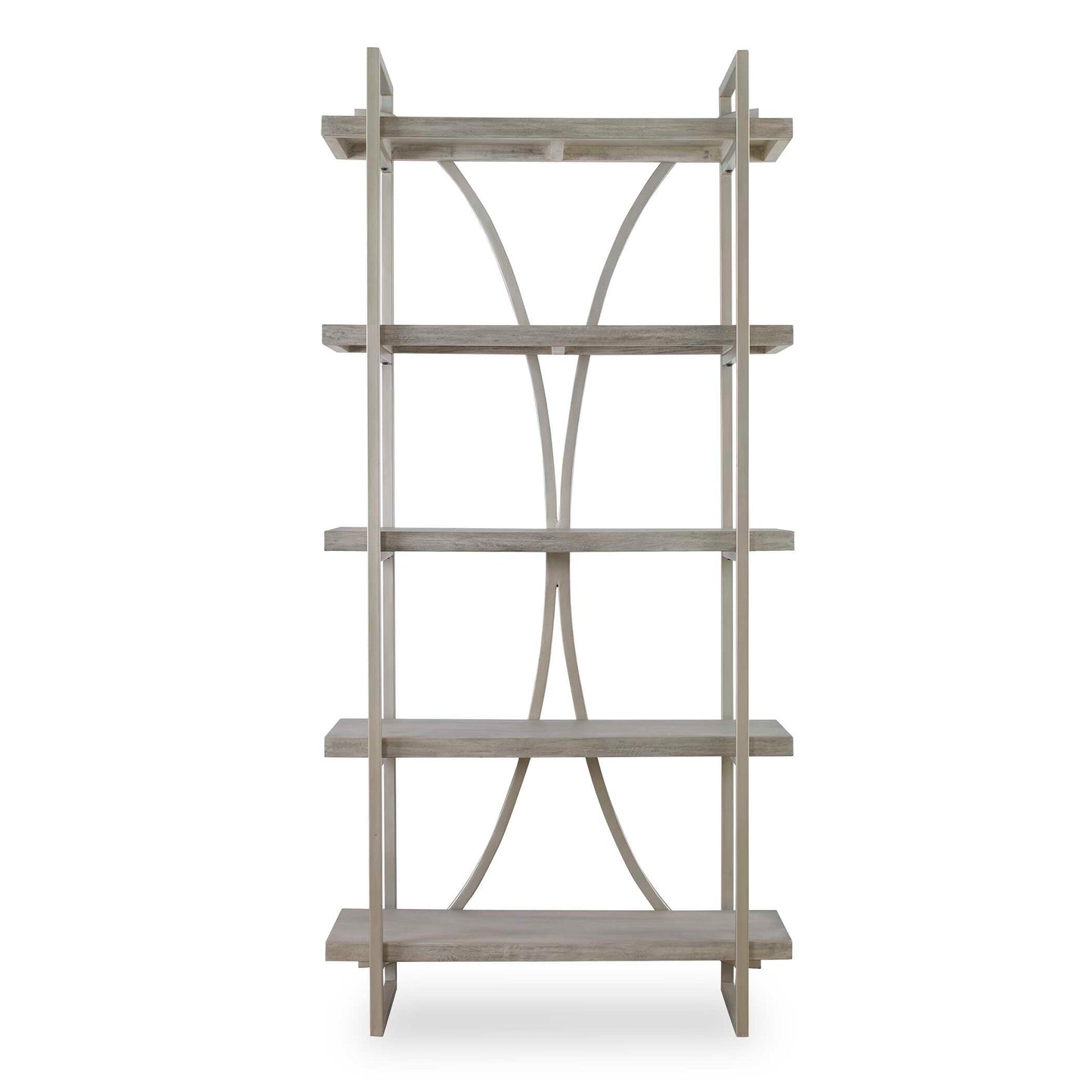 A Classic Contemporary Piece To Transcend Styles, The Sway Etagere Features A Metal Framework Finished In Soft Silver Leaf With Light Antiquing. Shelves Are A Mango Wood Veneer In Distressed Gray With Bone Ivory Undertones.
