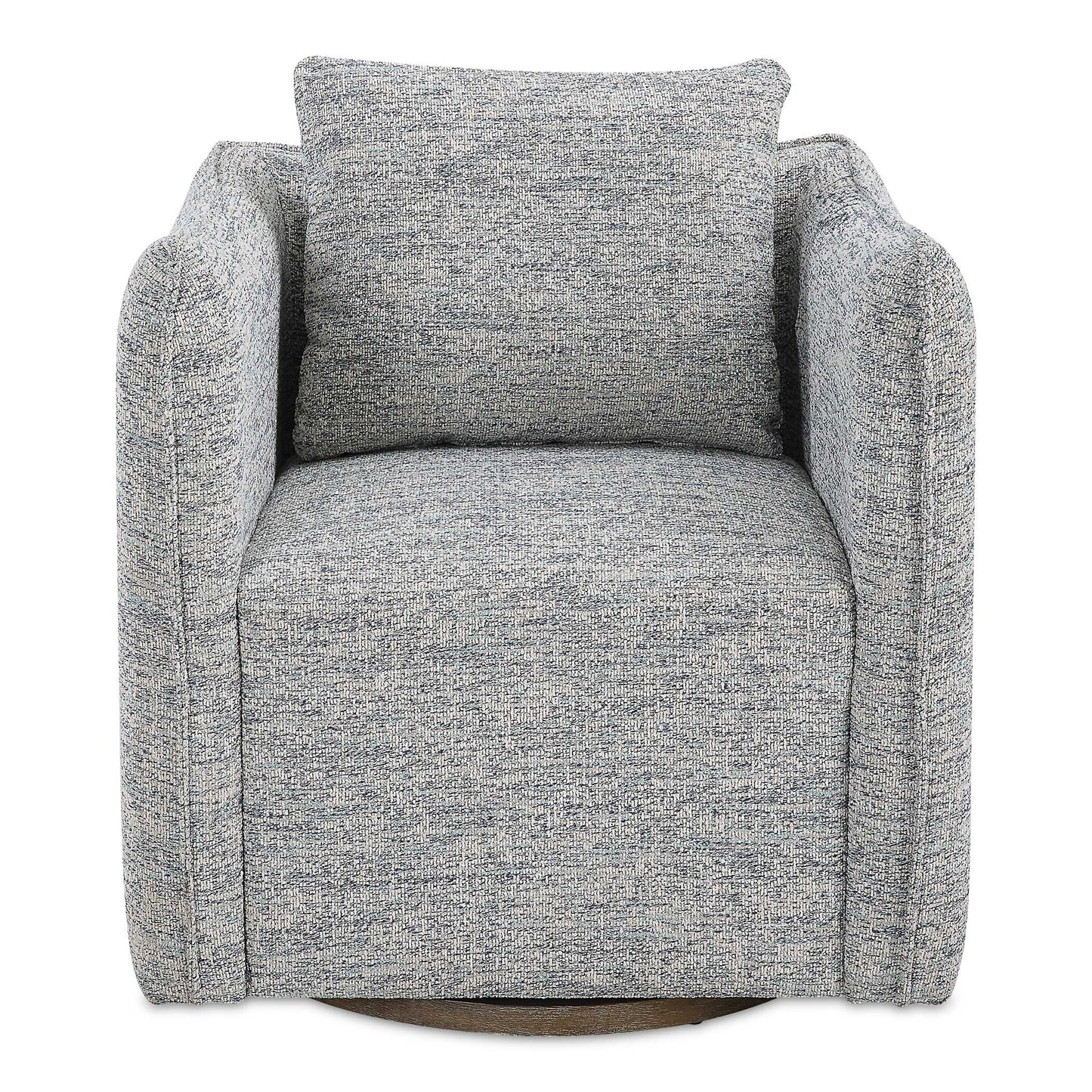 Casual Shelter Arm Accent Chair Tailored In A Casual Blue And White Tweed Fabric. Features A Flanged Edge Trim Complete With A Loose Back Pillow. Rests On A Solid Birch Wood Swivel Base, Finished In A Weathered Gray Stain.