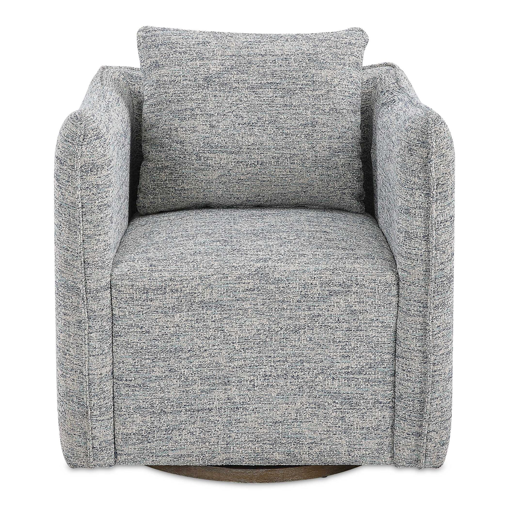 Casual Shelter Arm Accent Chair Tailored In A Casual Blue And White Tweed Fabric. Features A Flanged Edge Trim Complete With A Loose Back Pillow. Rests On A Solid Birch Wood Swivel Base, Finished In A Weathered Gray Stain.