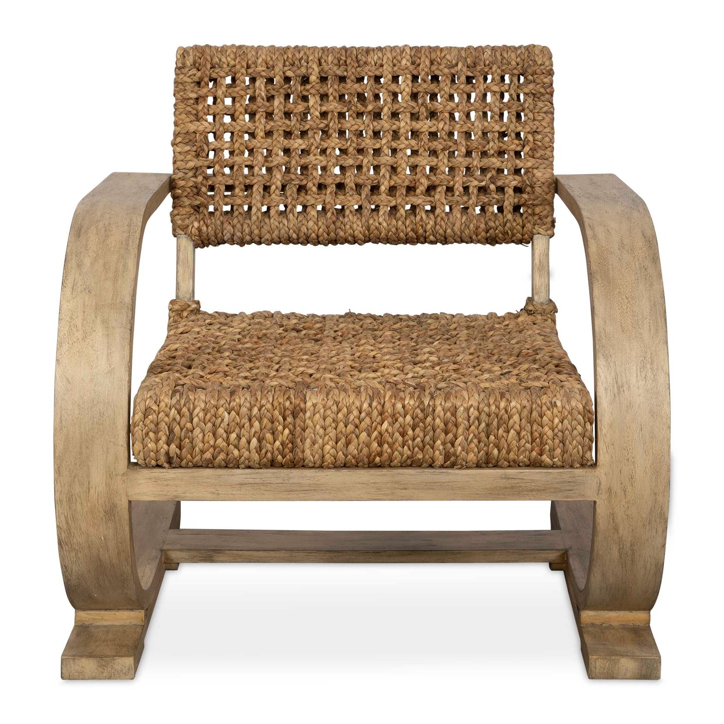 A Modern Bohemian Accent, Featuring A Natural Woven Water Hyacinth Seat On A Curved Solid Wood Frame Giving Flexible Movement, Layered In A Mango Veneer With A Smooth Weathered Driftwood Gray Stain.