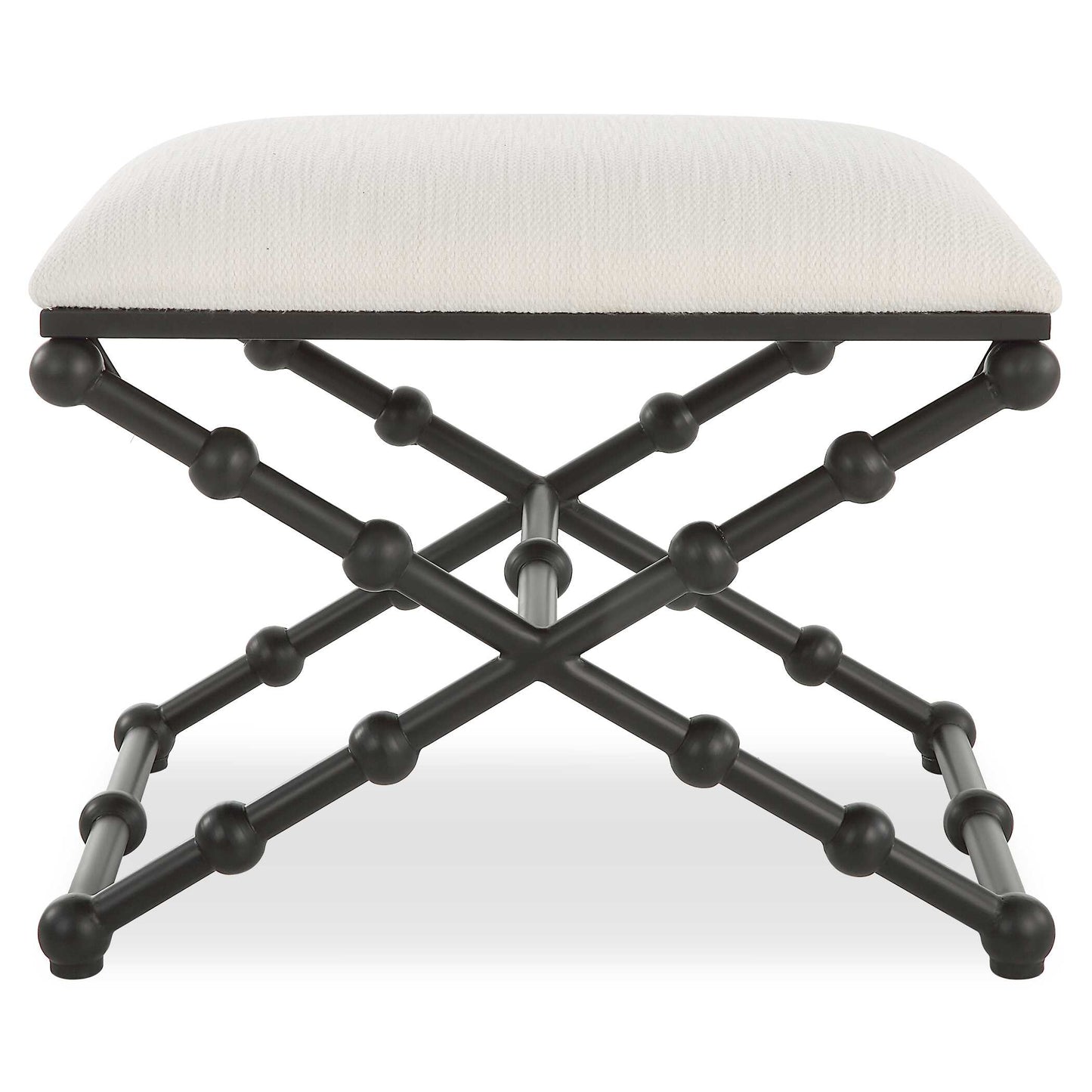 Sophisticated Style Created By The Whimsical Bubble Legs Ensures This Bench To Stand Out In Any Home. Crafted In Iron With A Satin Black Finish Contrasted With A Cushioned Seat In A Crisp White Textured Polyester Fabric With Performance Treatment.
