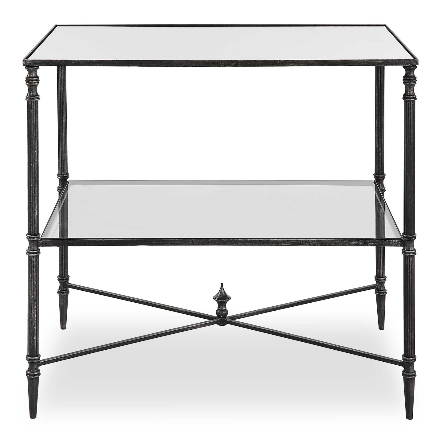 An Elegant Silhouette In Iron With A Cross Stretcher Accent Finished In Blackened Steel With Silver Highlights. Top Is Reinforced Mirror And Gallery Shelf Is Clear Tempered Glass.