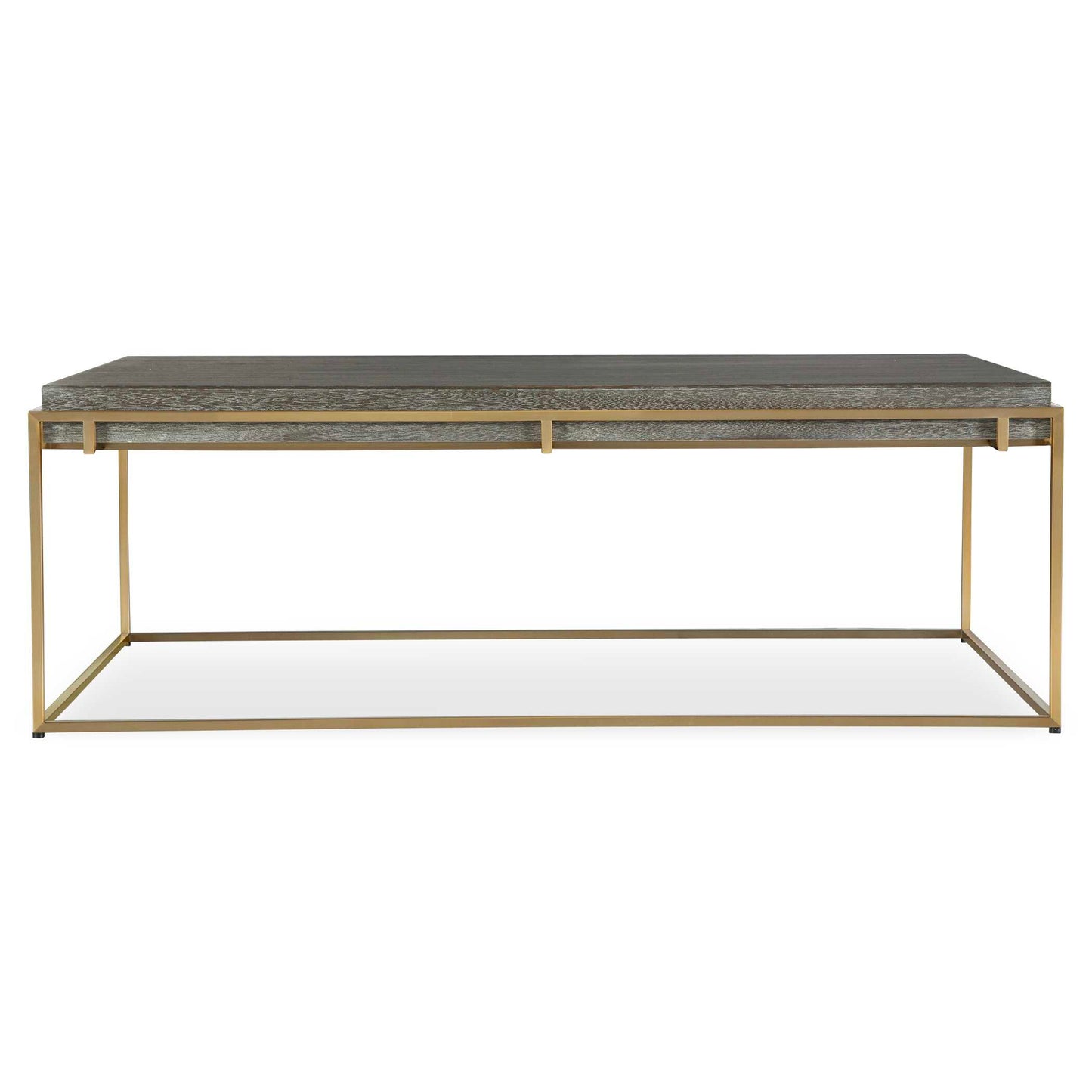 A Contemporary Combination Featuring An Acacia Veneer Top In A Dark Walnut Stain Washed With A Light Gray Glaze, Suspended In A Stainless Steel Framework Plated In Brushed Brass.