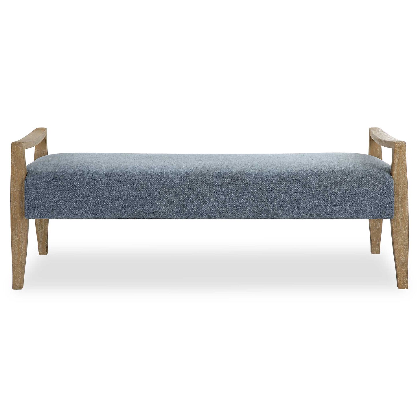 A Gently Curved Solid Wood Frame In A Natural Oak Finish Surrounds The Generous Seat Tailored In Sky Blue Polyester.