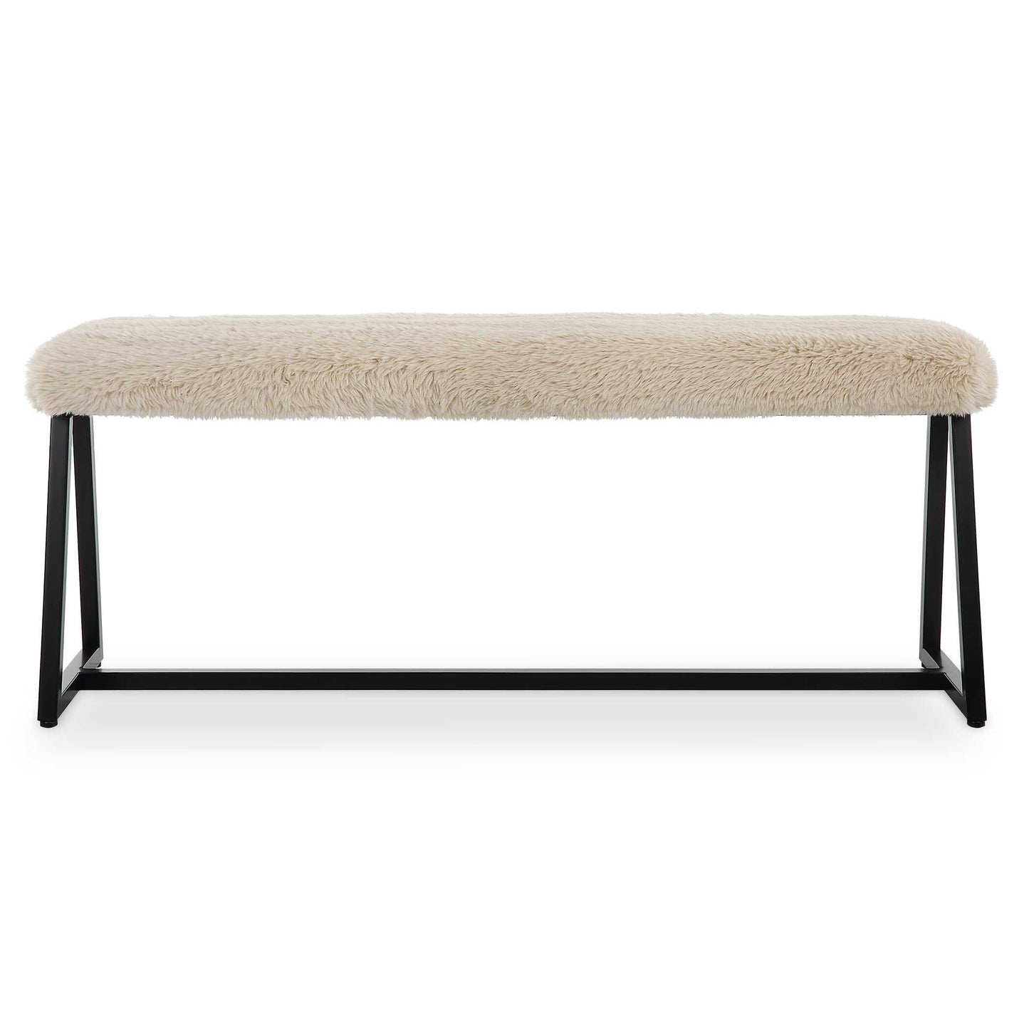 A Space Saving Seating Solution Featuring A Slim Bench Seat Upholstered In Plush Long Haired Faux Sheepskin In A Toasty Beige Over A Matte Black Finished Iron Base. Seat Depth Is 8".