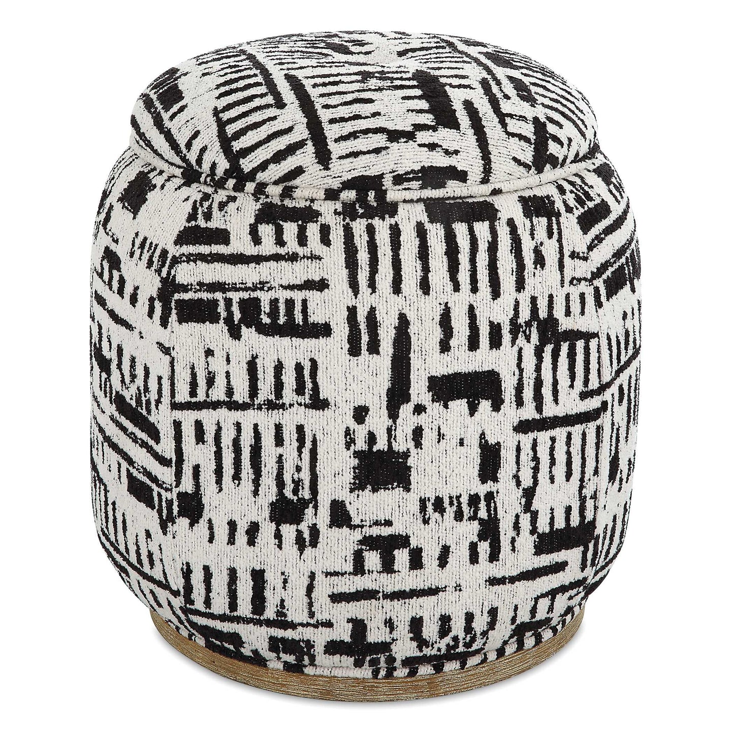 A Statement Abstract Also Acting As A Neutral, The Dialogue Accent Stool Features A Black And Off White Pattern Over An Oak Finished Solid Wood Base With Beige Ceruse. Top Is Removable For Extra Storage.
