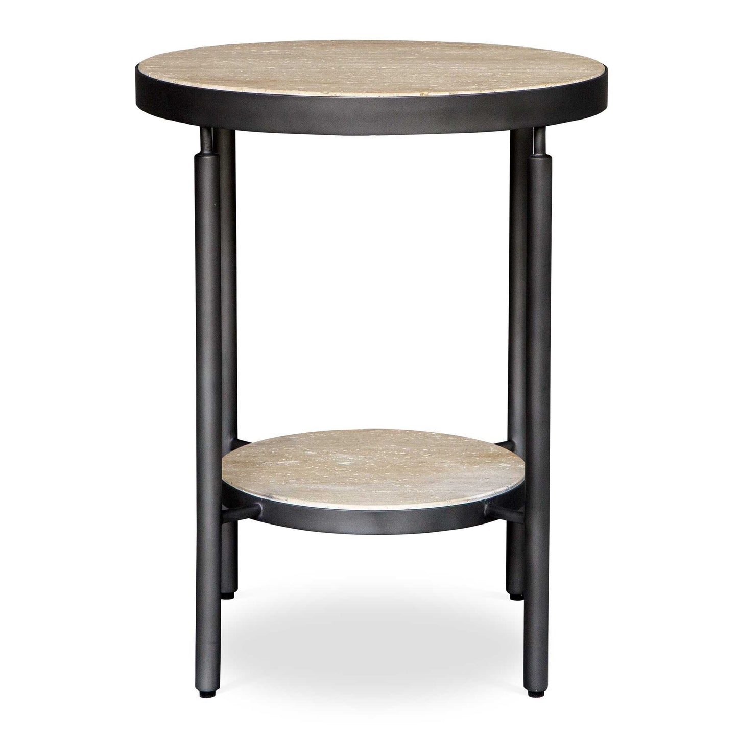 Perfect For Contemporary Or Industrial Interiors The Dauntless Side Table Features Two Beautiful Honed And Unfilled Travertine Shelves Suspended By A Matte Black Metal Frame. True To The Nature Of Natural Materials, Each Piece Will Have Unique Marbling And Veining Throughout.