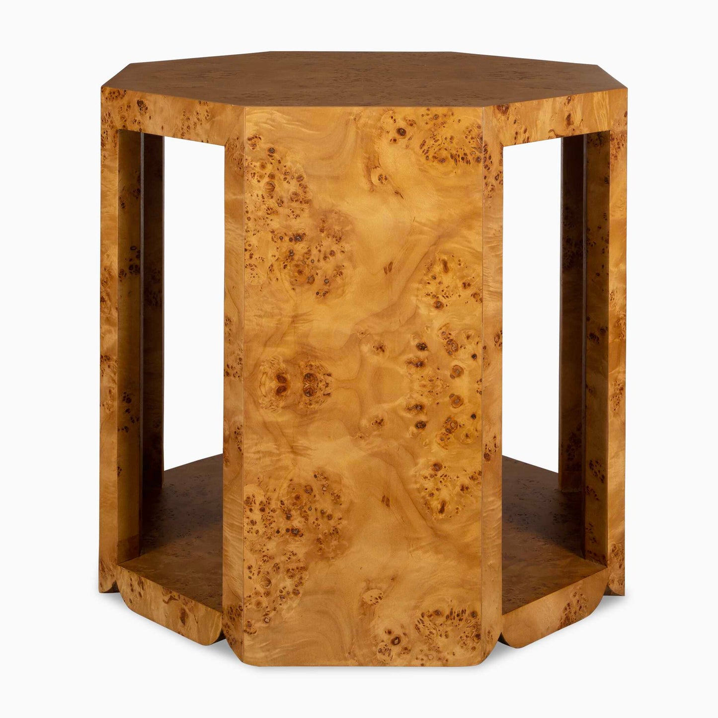 With A Natural Poplar Burl Finish, This Side Table Embodies Beautiful Symmetry And Design. Close-up Details Illustrate The Burls Treasured Finish With Deep Swirls Against The Table's Natural Warm Lighter Grains.