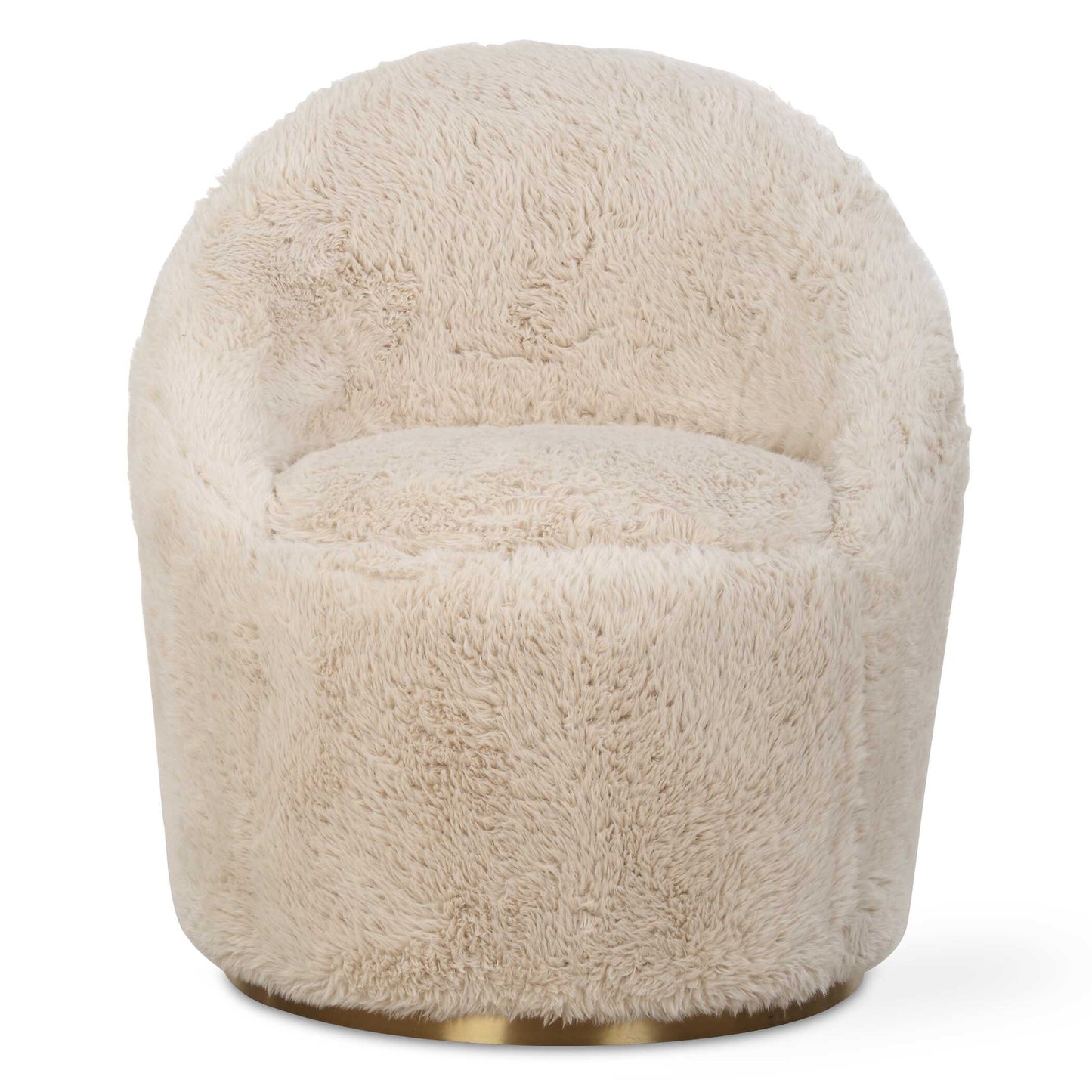 A Blend Of Contemporary And Cozy, This Chair Is Upholstered In A Caramel Toned Long-haired Faux Sheepskin. The Rich Textural Depth Is Paired With A Plated Brass Stainless Steel Swivel Base.