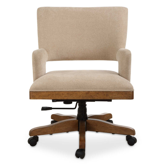 Mid-century Modern Inspired With Transitional Tones Featuring Stylish Angles And An Open Back Design. Neatly Tailored In A Sand Toned Polyester With Pecan Stained Solid Wood Legs On Rolling Casters. Seat Height Adjusts From 18 To 20".