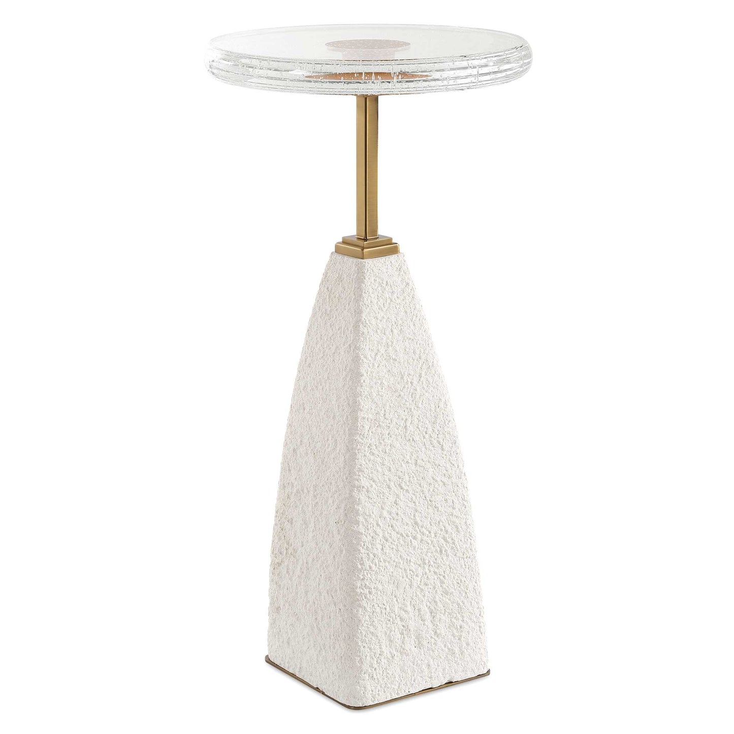 The Sora Drink Table Features A Thick Seeded Glass Top With A Complimenting White Sandstone Base And Brushed Brass Stainless Steel Accents.