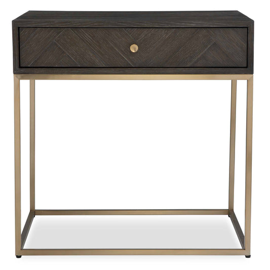 Showcasing Understated Style, The Armistead Side Table Is Layered In A Dark Walnut Finished Oak Veneer Accented With A Herringbone Drawer Front. Rests On A Steel Base In Plated Brushed Brass With A Coordinating Drawer Pull.