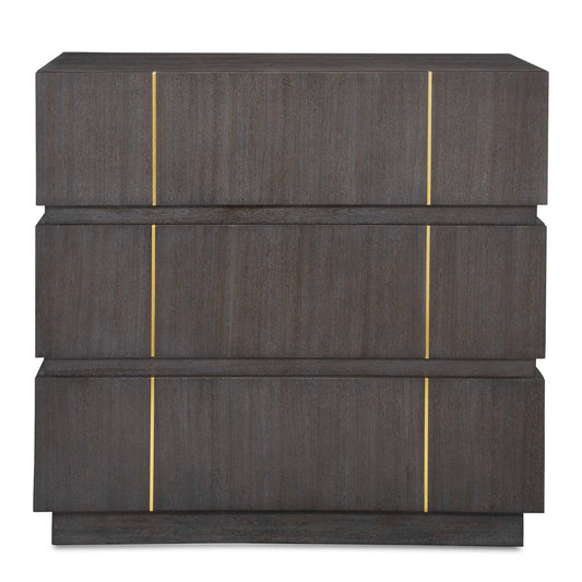 A Clean And Refined Accent Chest Featuring Three Acacia Veneer Drawers In Dark Walnut. The Richness Of The Wood Grain Is Brought To Life By Stunning Brass Finished Accents.