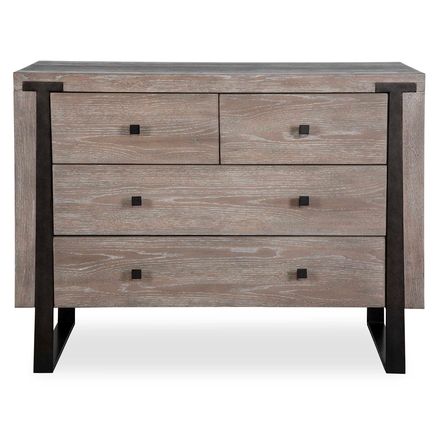 Contemporary In Style, This Light Oak Veneer Chest Features Dark Bronze Iron Legs That Embed Into The Front Face. Coordinating Hardware Decorate The Soft Closing Drawers.