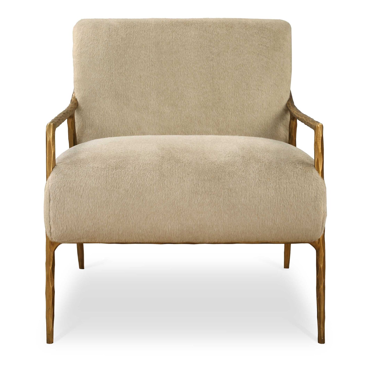 Statement-making, Gently Sloped Track Arms In Hand Forged Chiseled Iron Are Finished In Aged Gold, Supporting An Inviting Seat Upholstered In A Soft Fawn Toned Faux Fur.