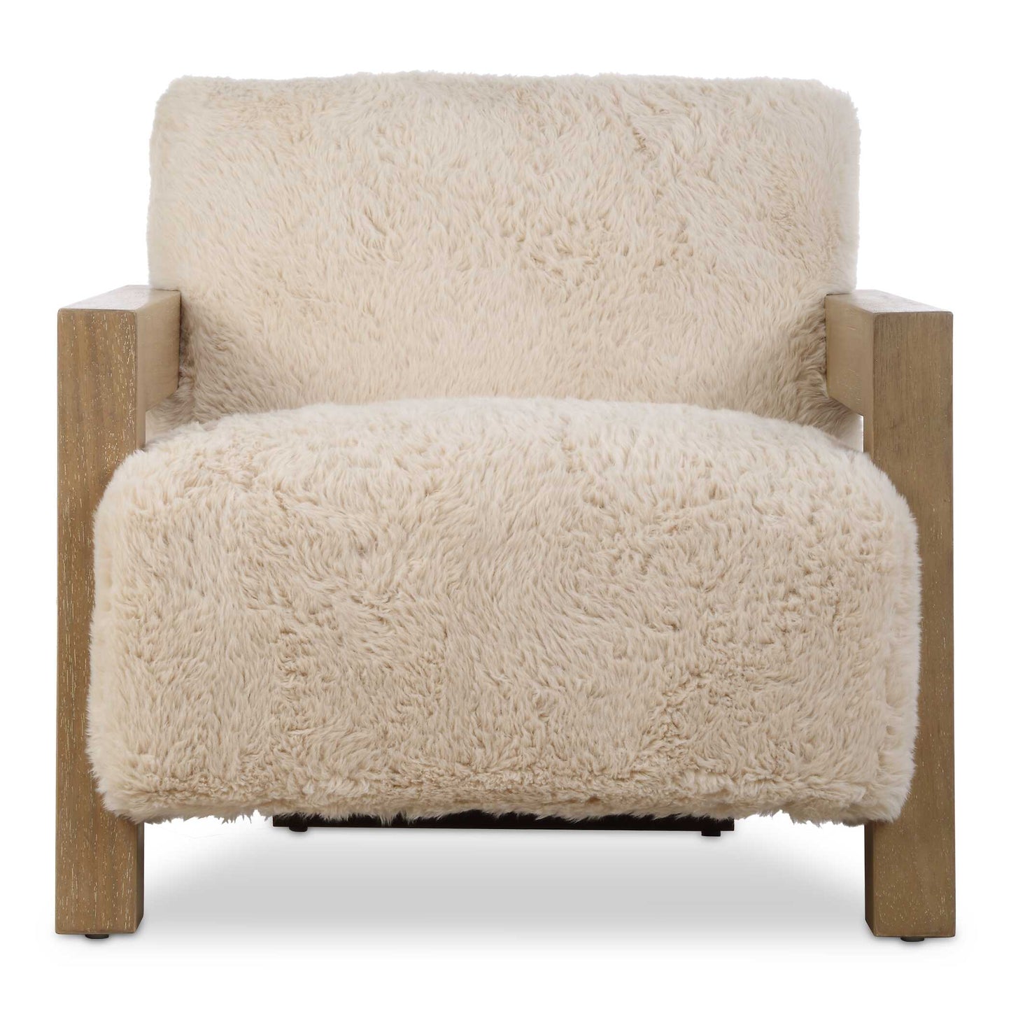 Modern Lines In Dry Oak Finished Wood With Light Ceruse Upholds A Floating Plush Seat, Upholstered In A Caramel Toned Long-haired Faux Sheepskin.