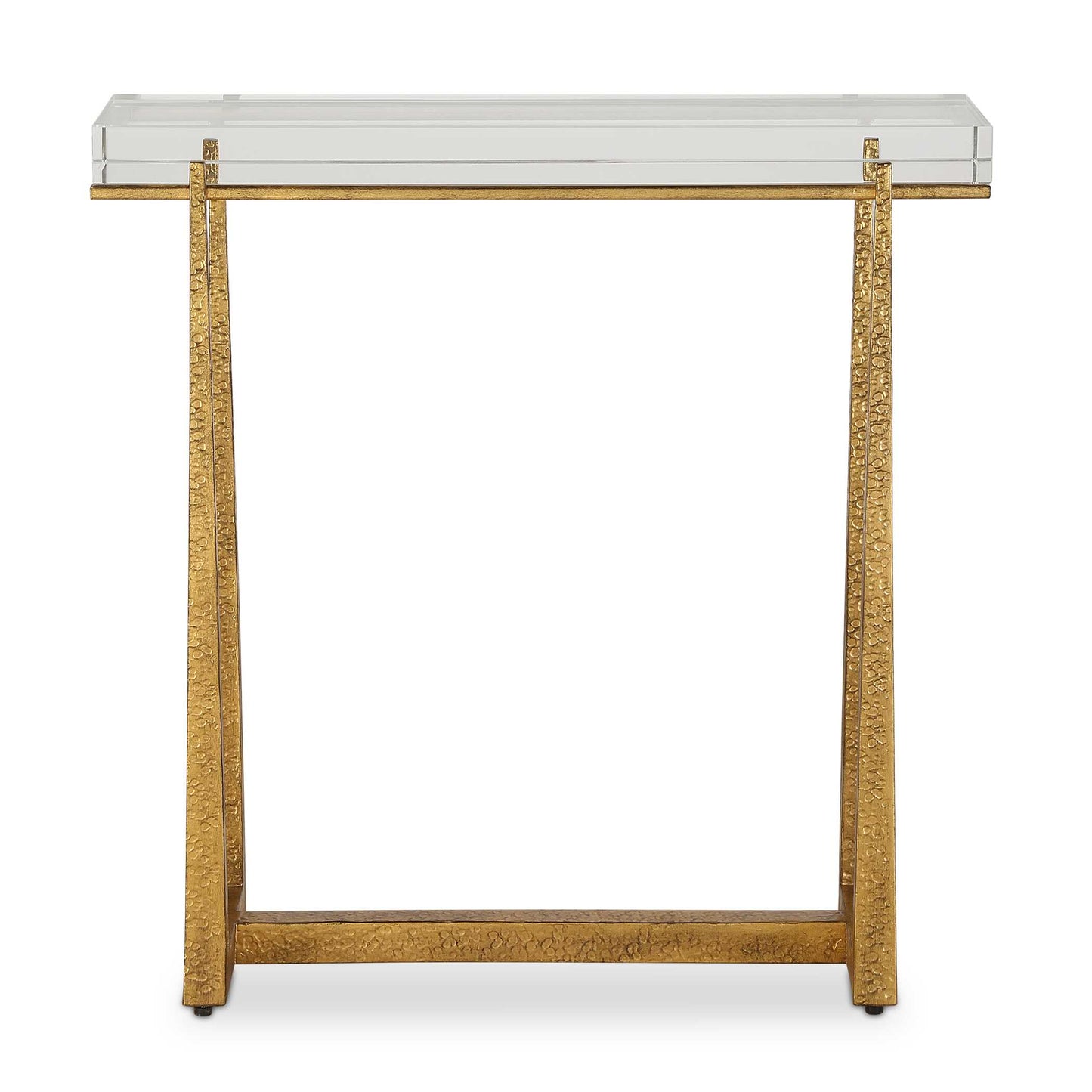 This Elegant Accent Table Adds A Touch Of Luxury To Any Room. The Textured Antique Gold Finished Iron Legs Perfectly Support And Accentuate The Thick Rectangular Crystal Top.
