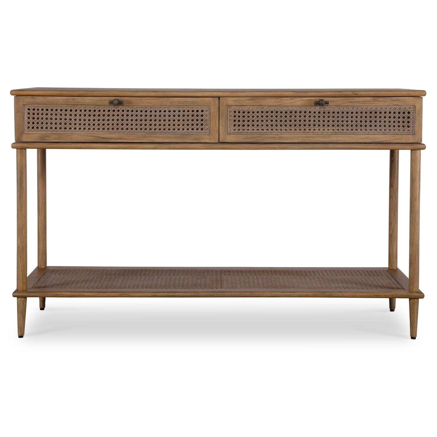 Mid Century Inspired With Accents Of Natural Rattan Cane, This Console Table Features Mindi Solids And Veneers Finished In A Soft Oak Stain. The Coast Table Has One Storage Shelf And Two Drawers With Metal Hardware Finished In Dark Gunmetal.