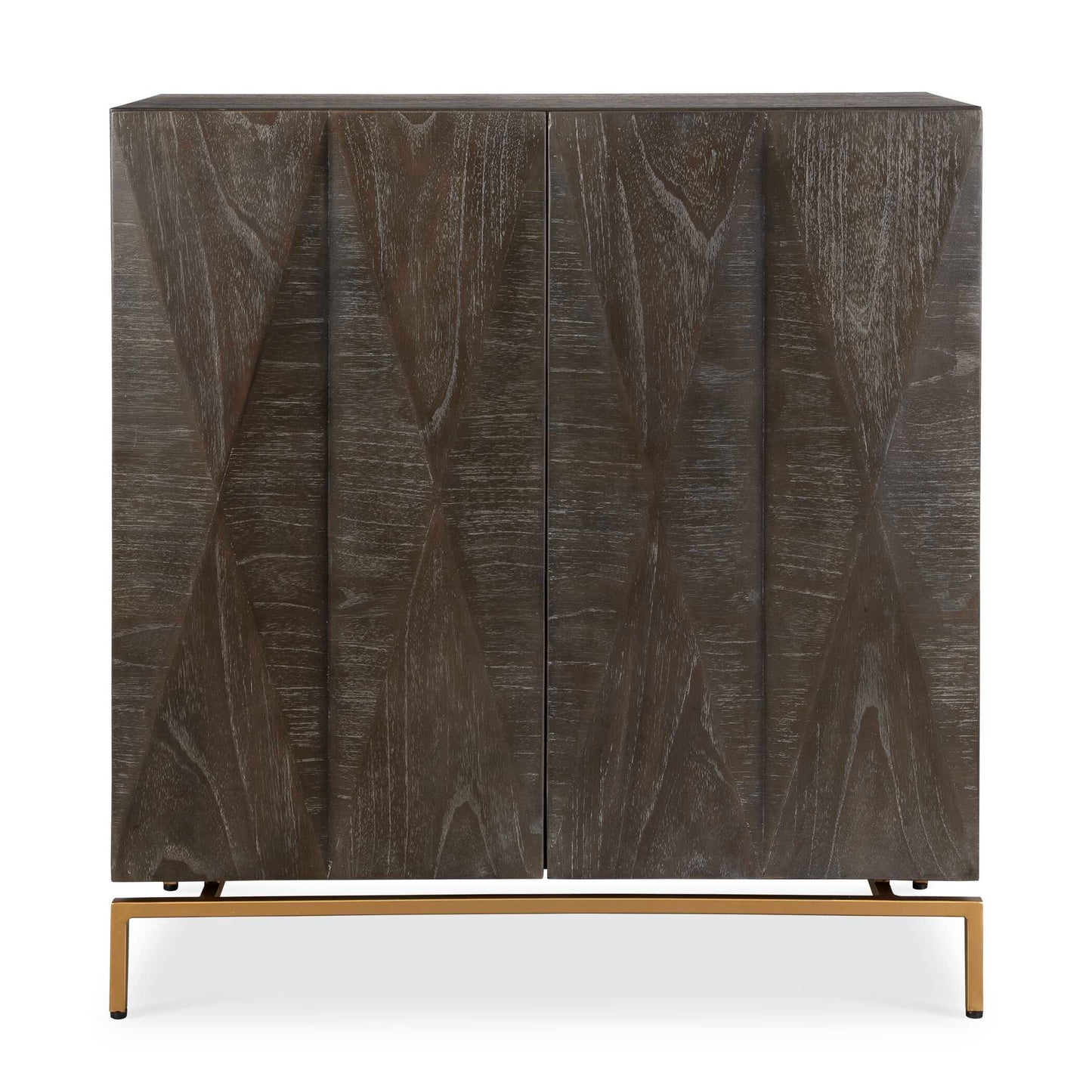 This Cabinet Features Geometric Door Fronts And Is Crafted Of Ebony Cerused Mindi Veneer. The Rich Wood Tones Are Complemented By A Sleek Gold Plated Base, Adding A Contemporary Flair To This Piece.