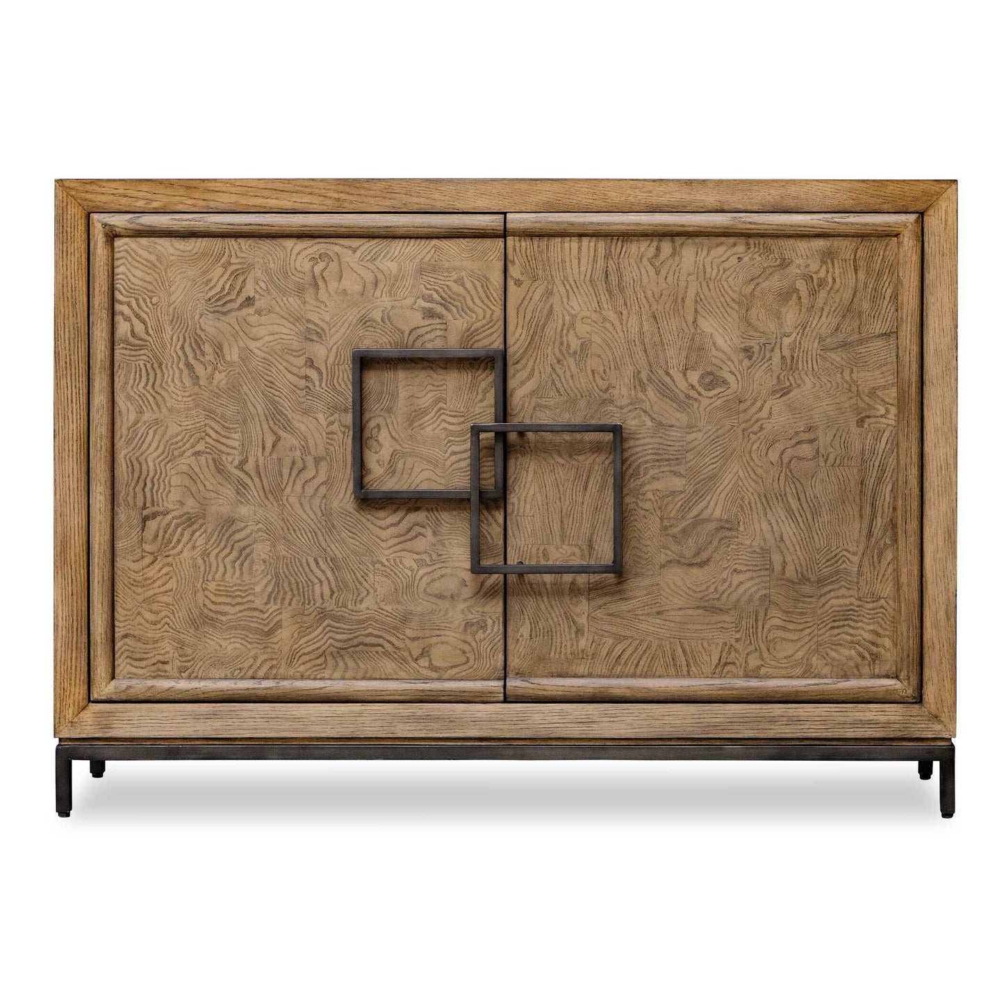 This Two Door Chest Combines Rich Burl Veneer And Oak Wood, And Is Highlighted By Distinctive, Asymmetrical Oil-rubbed Bronze Steel Framed Door Pulls.