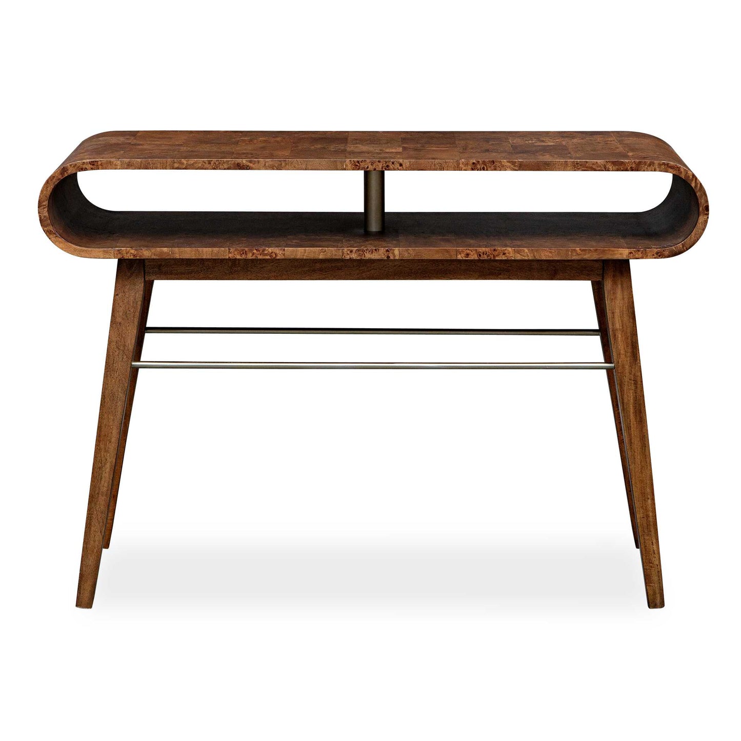 Crafted From Rich Burl Veneer And Java Wood, This Distinctive Console Table Effortlessly Brings A Mid-century Modern Charm To Your Space. Its Hollow Interior Offers Practical Storage While Maintaining Clean Lines And Organic Curves. Accented With Brass Finished Hardware.