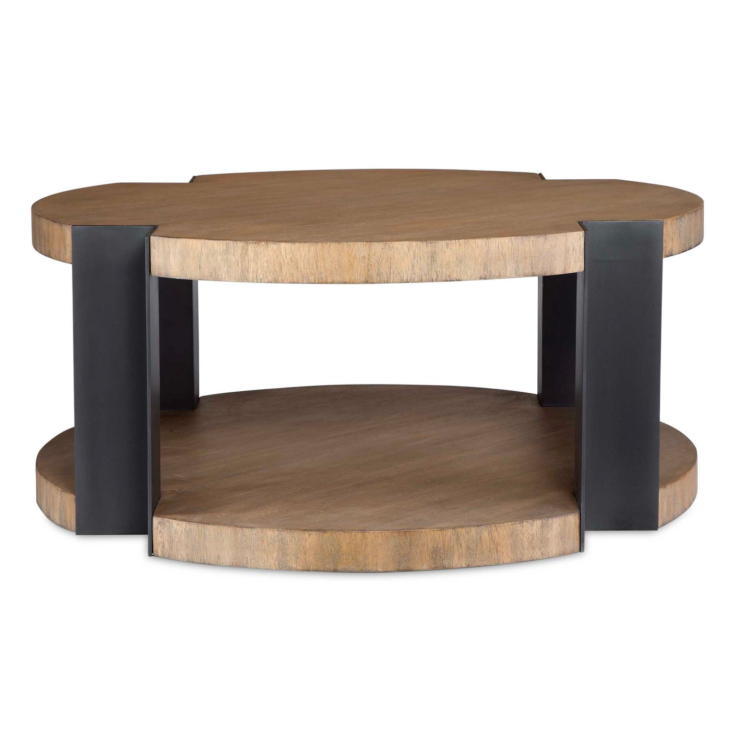This Contemporary Coffee Table Harmonizes Natural Wood Elements With Industrial Style. Matte Black Metal Posts Accent The Circular Top And Lower Shelf, Both Crafted From Warm, Neutral Wood Tones, Creating A Bold Contrast That Will Be A Striking Piece In Any Space.