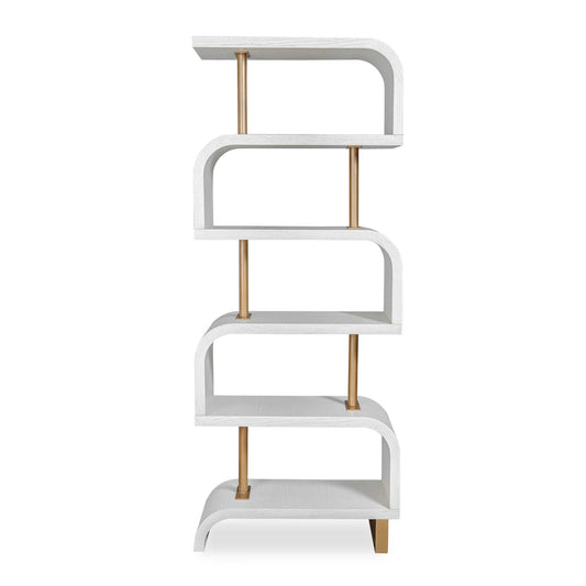 This Symmetrical Etagere Creates A Bold Contrast That Enhances Its Contemporary Style. It Features Mahogany Veneer Shelves In Modern White, Complemented By Antique Brass Posts.