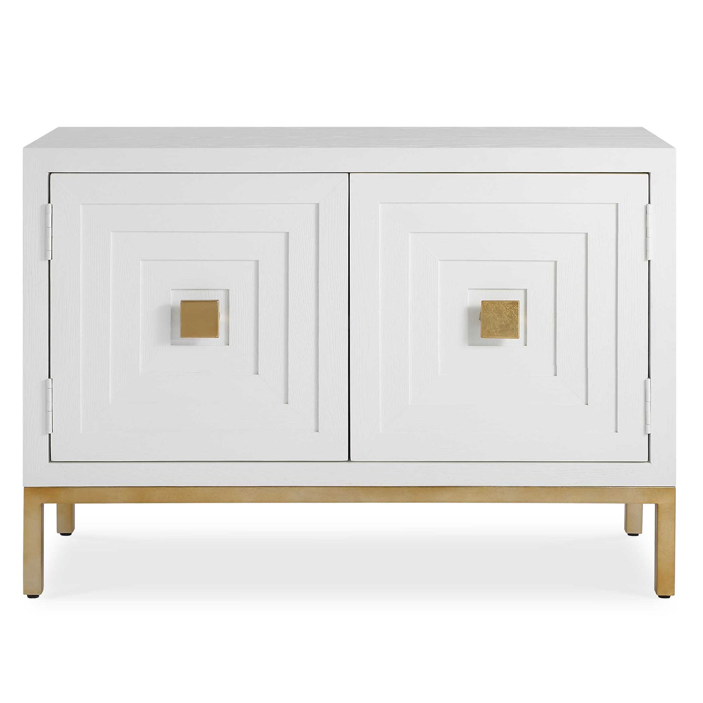 A Contemporary Geometric Two Door Accent Cabinet, Constructed From Deeply Grained Fir Wood Finished In A White Stain, Accented With Brushed Brass Hardware. Has One Fixed Interior Shelf.