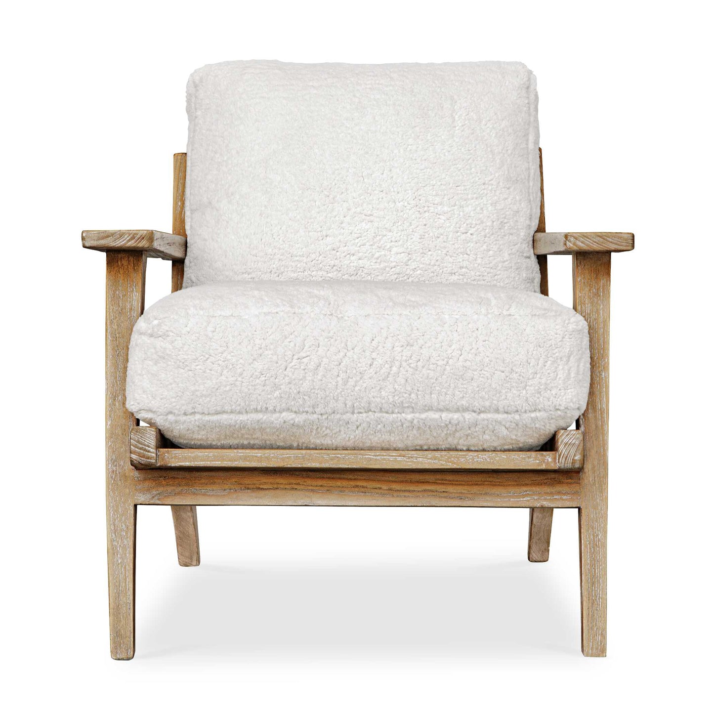 Relax In The Laid Back Lounge Chair, Solidly Constructed From Mindi Wood In A Natural Finish. Plush Cushions Are Upholstered In An Ultra Soft, White Faux Sheepskin Fabric. Seat Height Is 20".