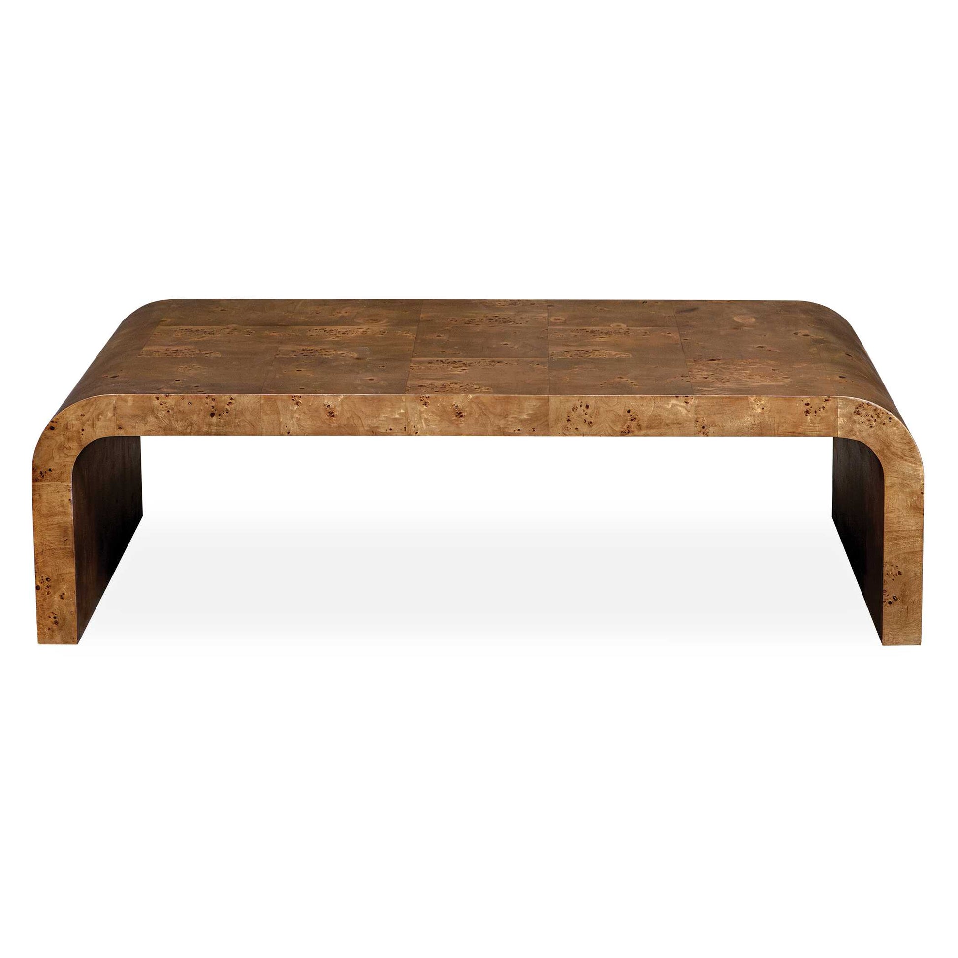 This Coffee Table Features A Sleek, Seamless Curved Design, Beautifully Finished With Burl Veneer. Its Minimalist Form Accentuates The Wood's Natural Grain, Creating A Stylish And Eye-catching Centerpiece For Any Living Space.