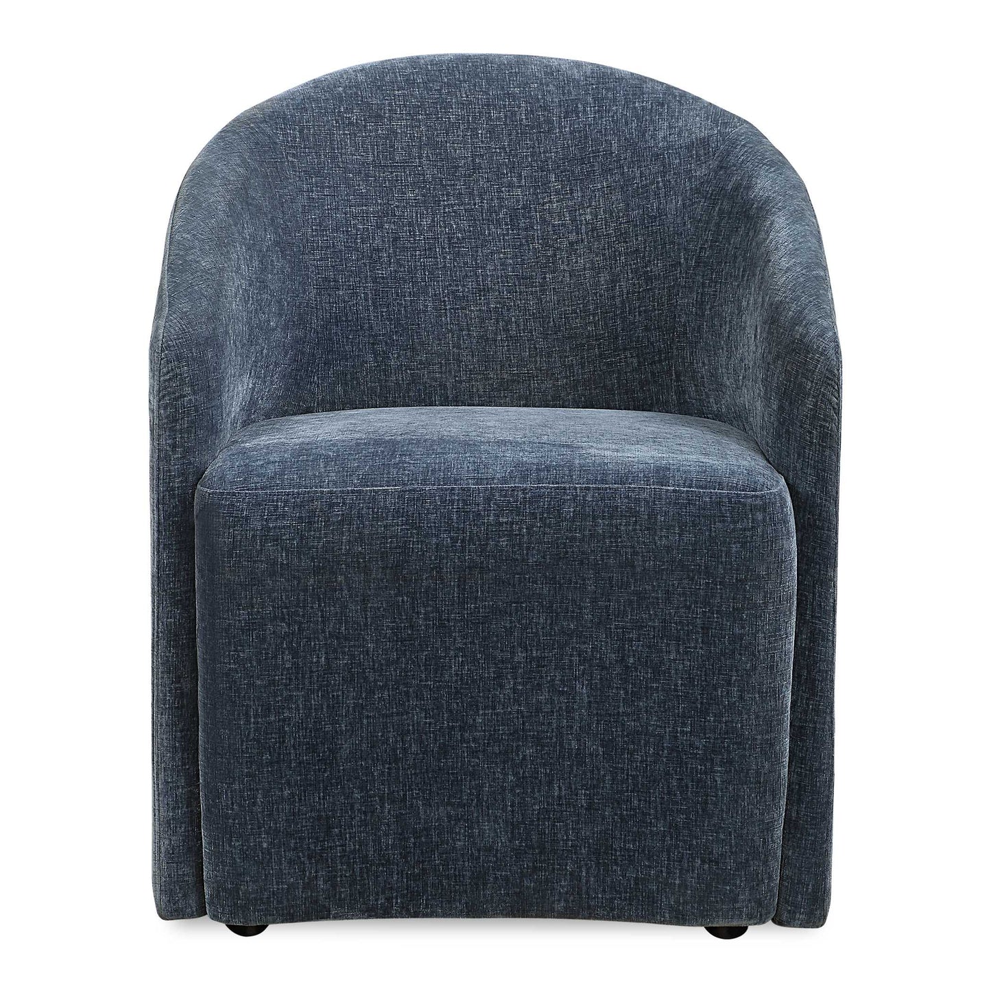 Make A Statement At Your Dining Table With The Harbor Dining Chair. Complete With Sumptuous Curves With Its Unique Barrel Back Design Encapsulating Its Seat, Complete With Rolling Casters For Ease Of Use. Fully Upholstered In A Crosshatched Polyester Velvet In Harbor Blue. Seat Height Is 19".