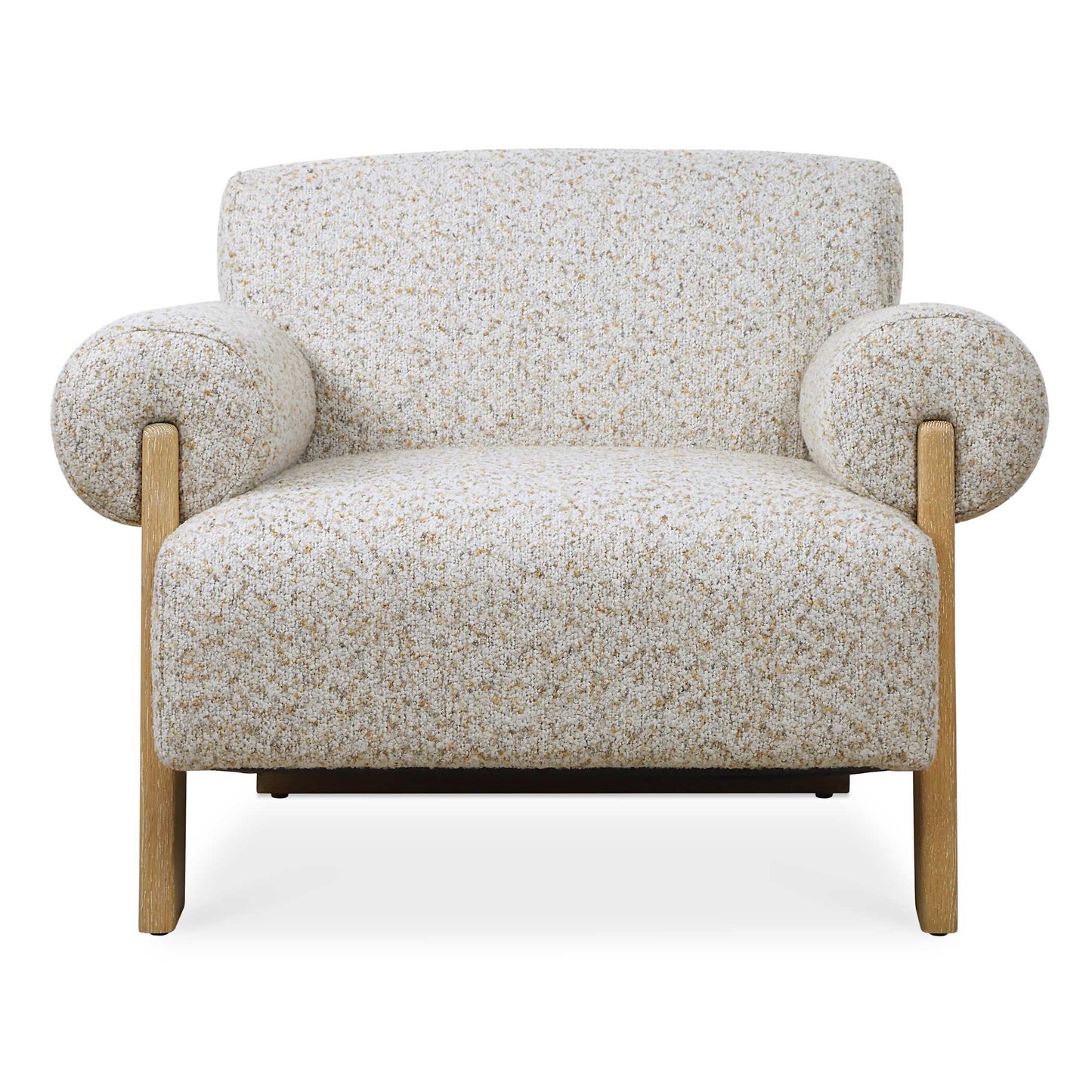 Rolled Arms Of The Juncture Accent Chair Encapsulate The Decorative Legs In Solid Oak With A Natural Finish. Fully Upholstered In A Textured Boucle With Tones Of Flax, Ivory, Caramel And Taupe.