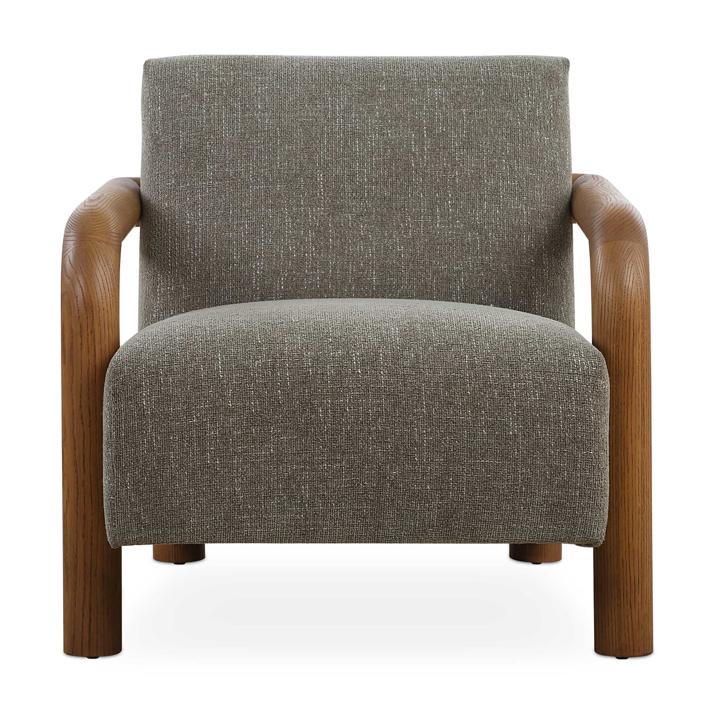 Sturdy Curved Oak Arms Are The Focal Point Of The Balance Accent Chair. Finished In A Natural Warm Stain Paired With A Comfortable Floating Seat Upholstered In A Knubby Herb Green Chenille.