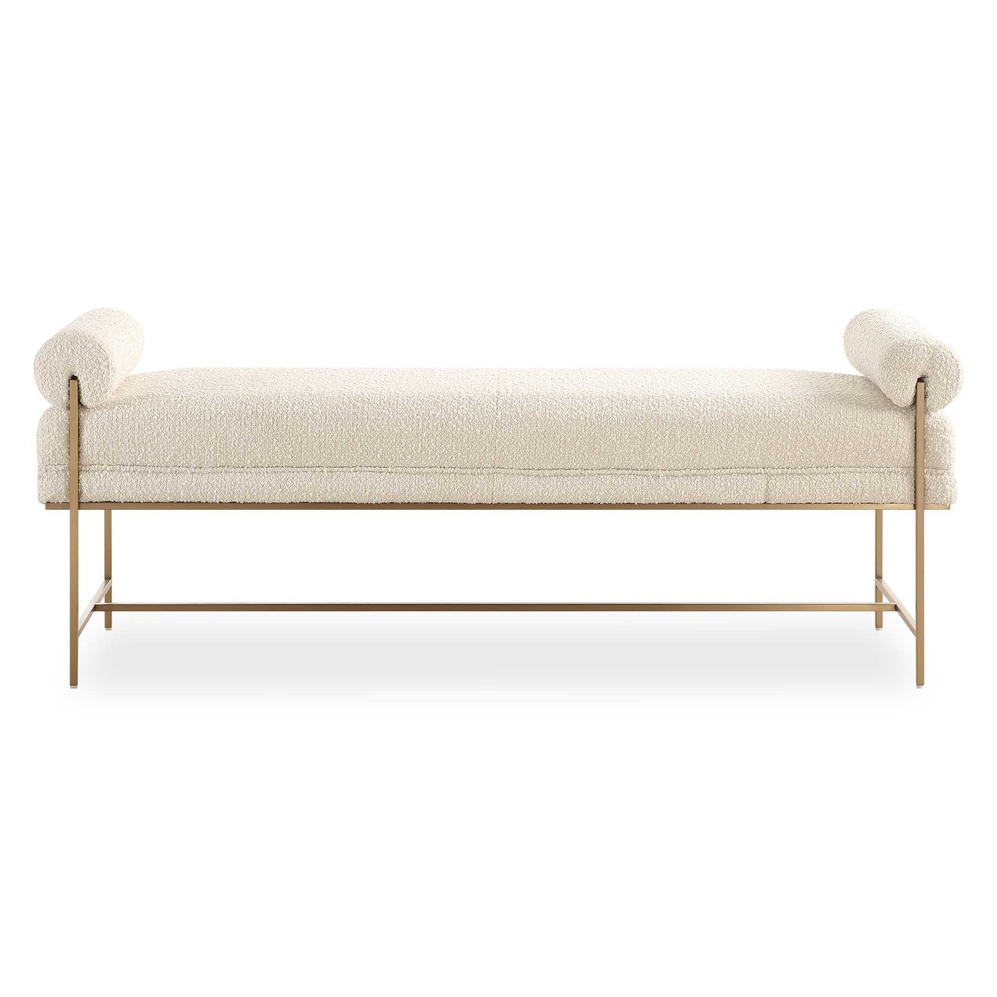 A Chic Accent Bench, Featuring A Supportive Yet Stylish Stainless Steel Frame Finished In Brushed Brass With Fixed Bolster Pillow Accents. Upholstered In A Textured Boucle Polyester In Pearl White. Seat Height Is 19".